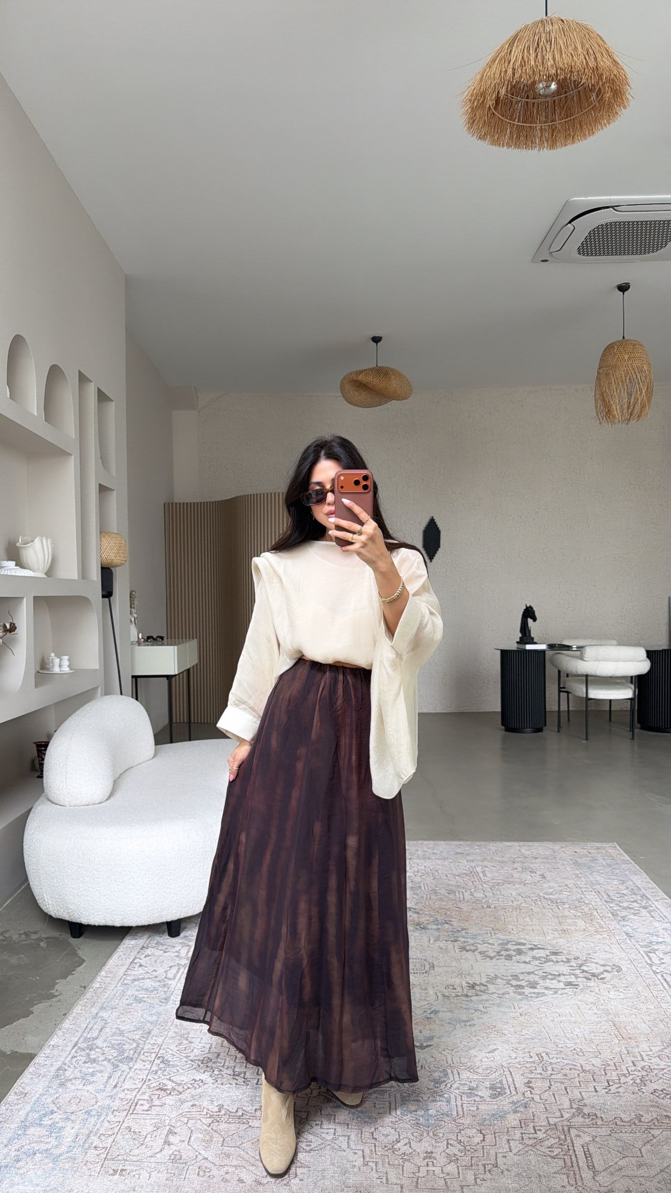 Mürdüm Marble Desenli Astarlı Maxi Etek