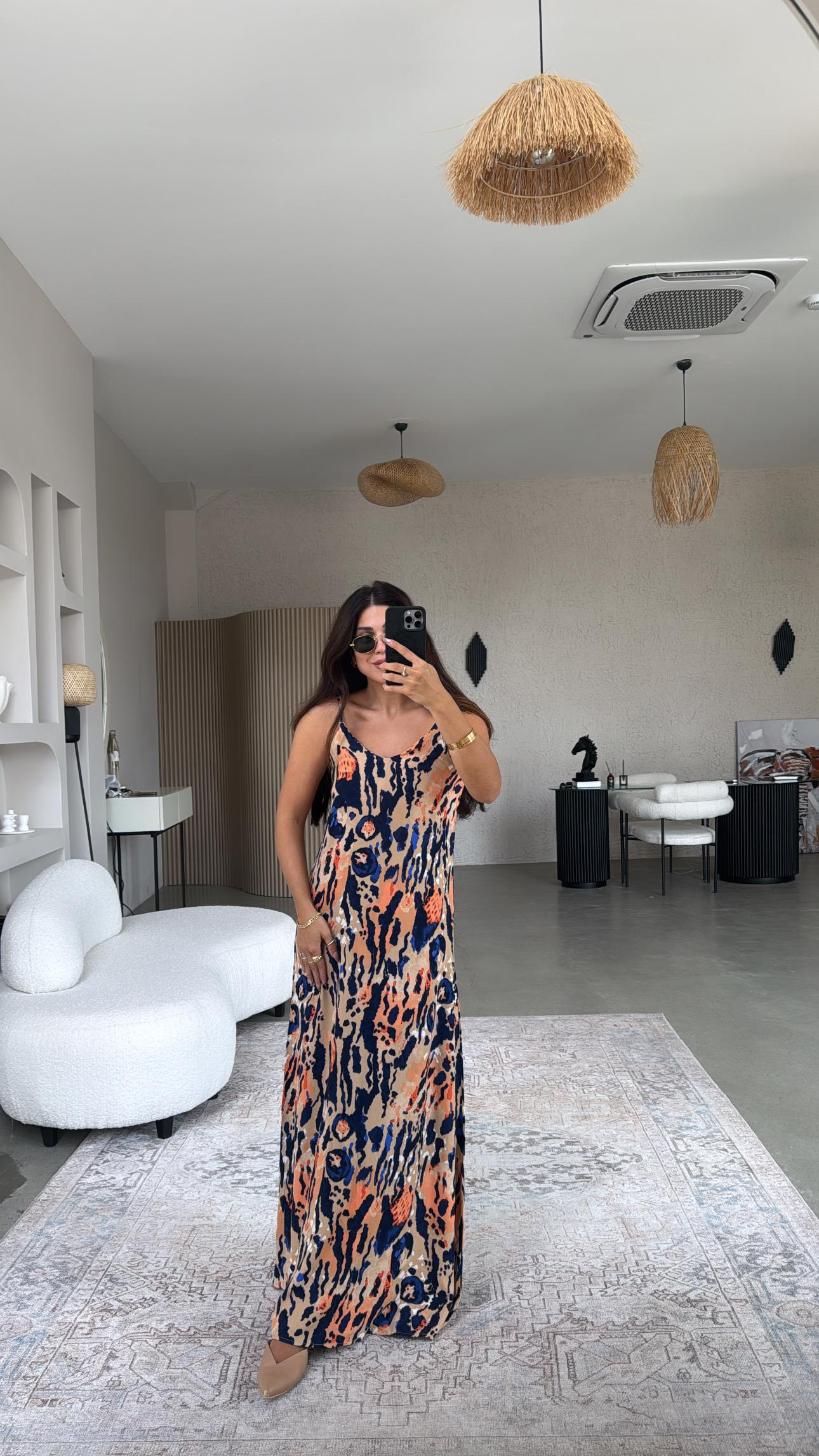 Nude Desenli Askılı Viskon Elbise