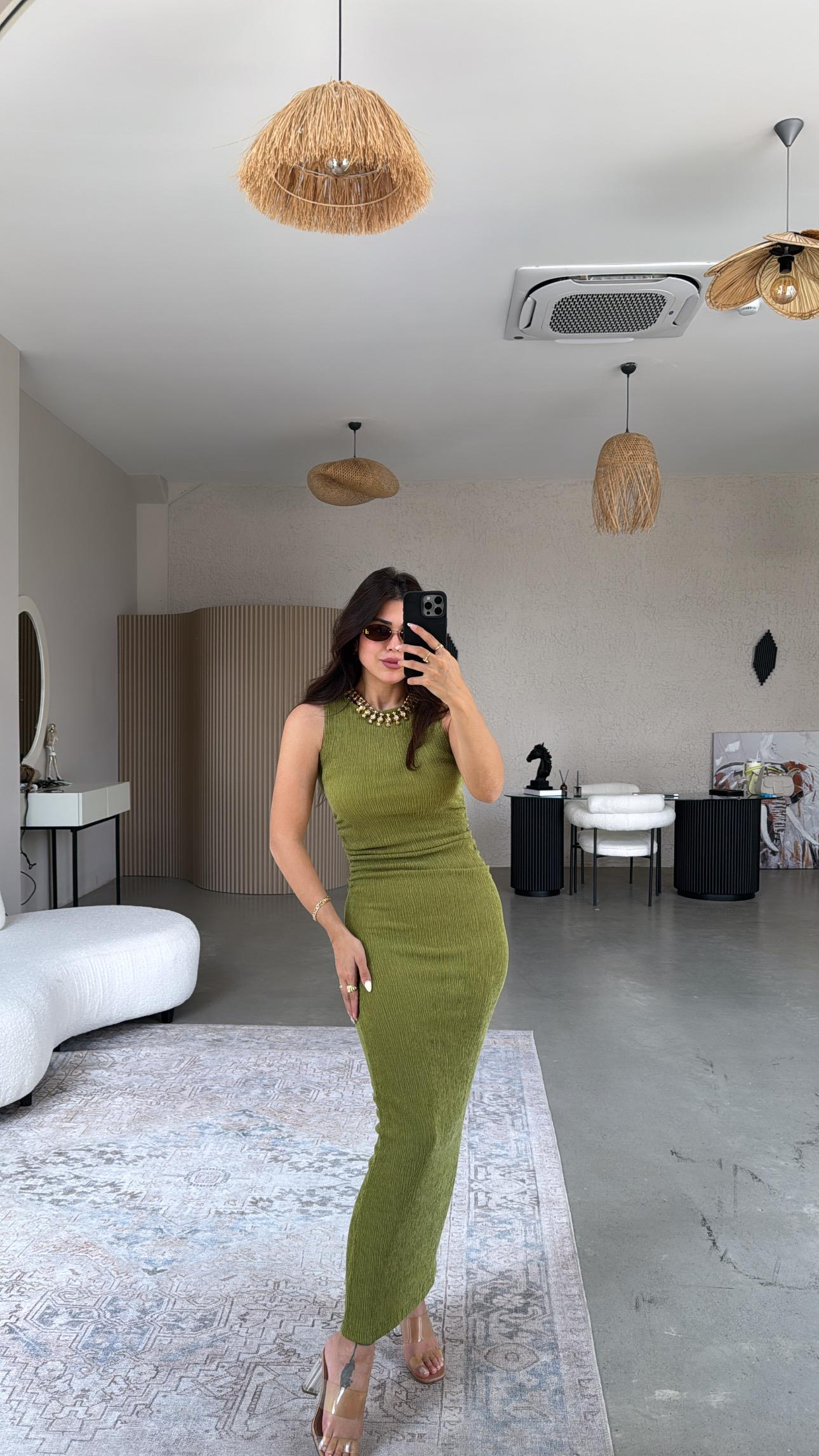Olive Bürümcük ZR Model Büzgü Detay Elbise