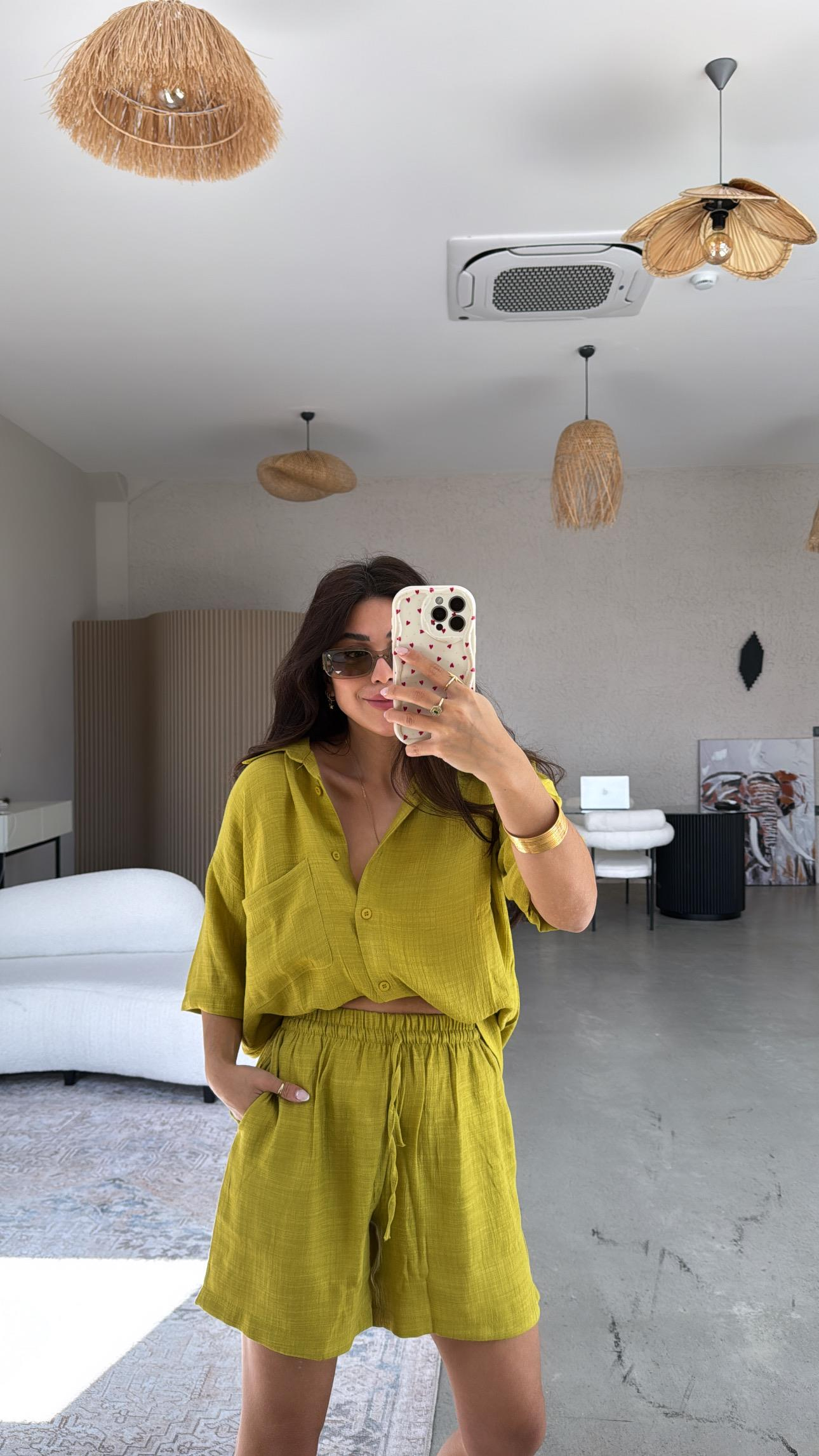 Olive Şort Gömlek Takım