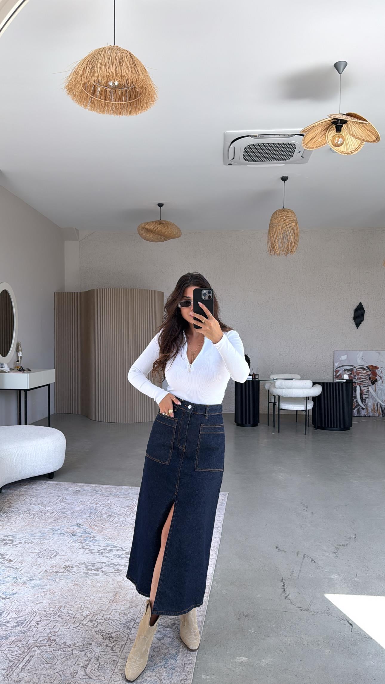 Ön Yırtmaçlı Uzun Denim Etek