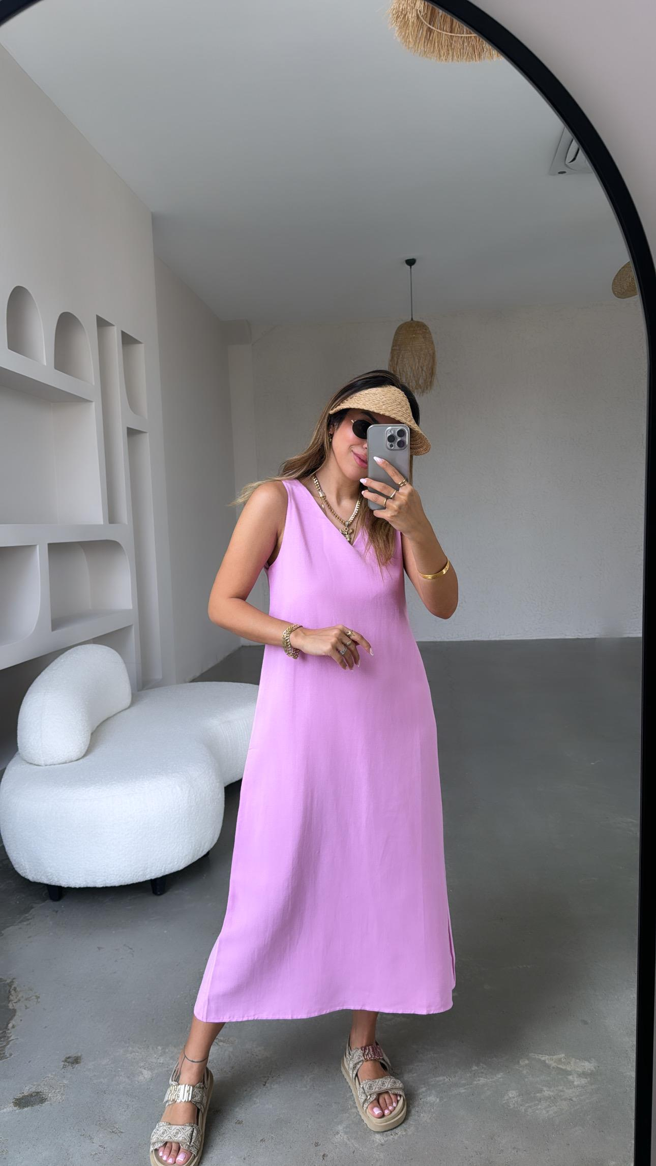 Pembe Basic V Yaka Keten Elbise