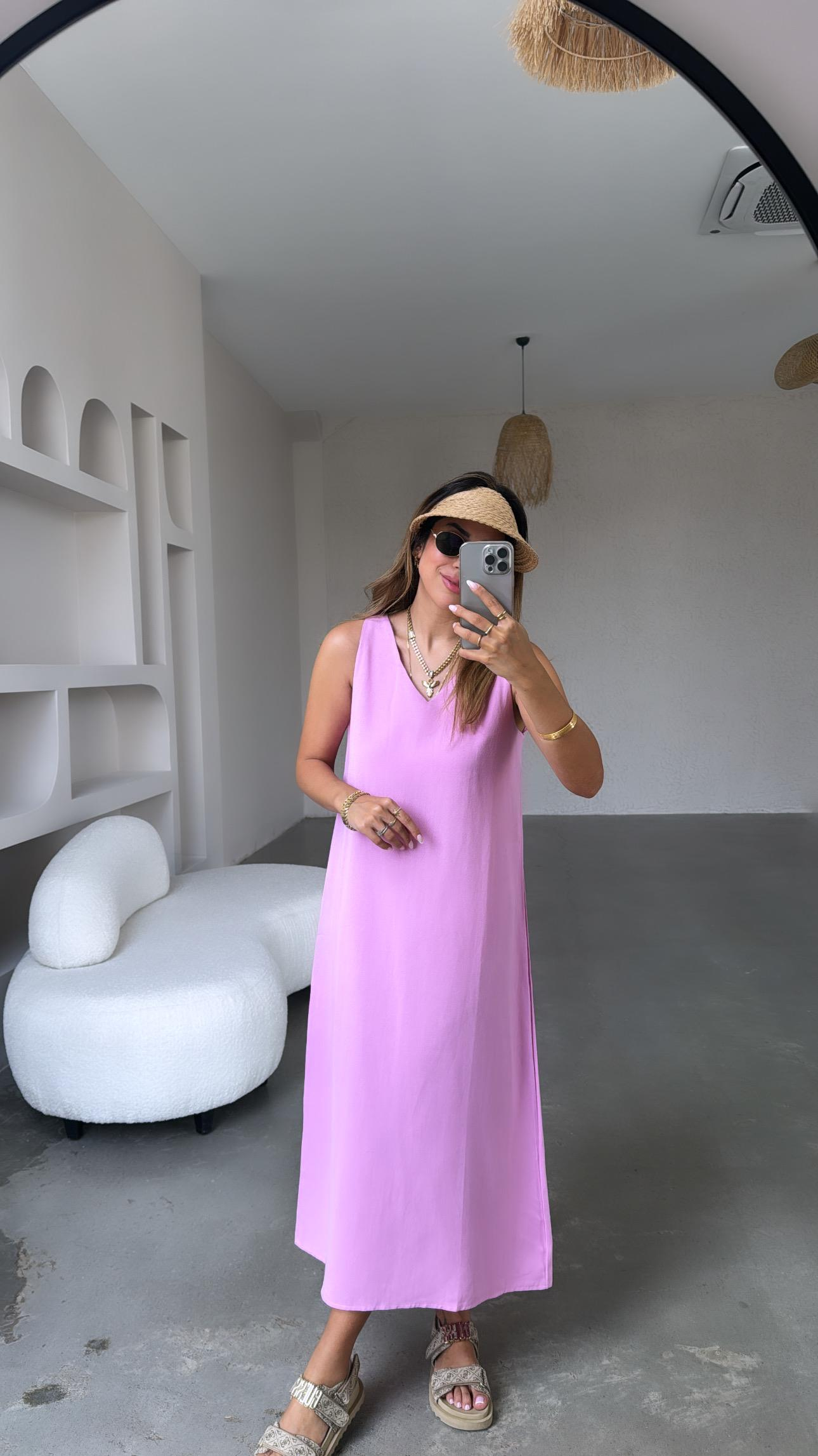Pembe Basic V Yaka Keten Elbise