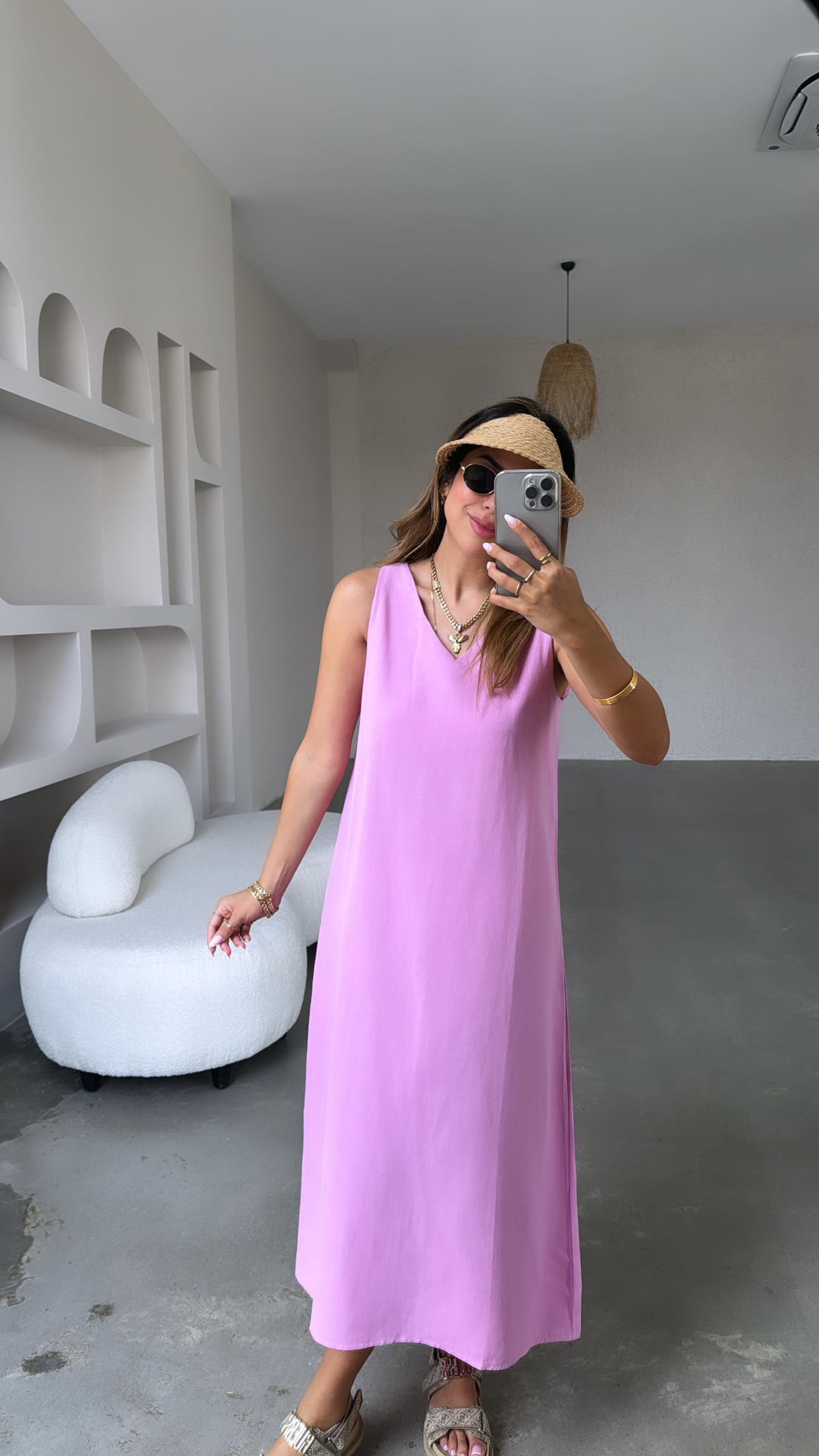 Pembe Basic V Yaka Keten Elbise