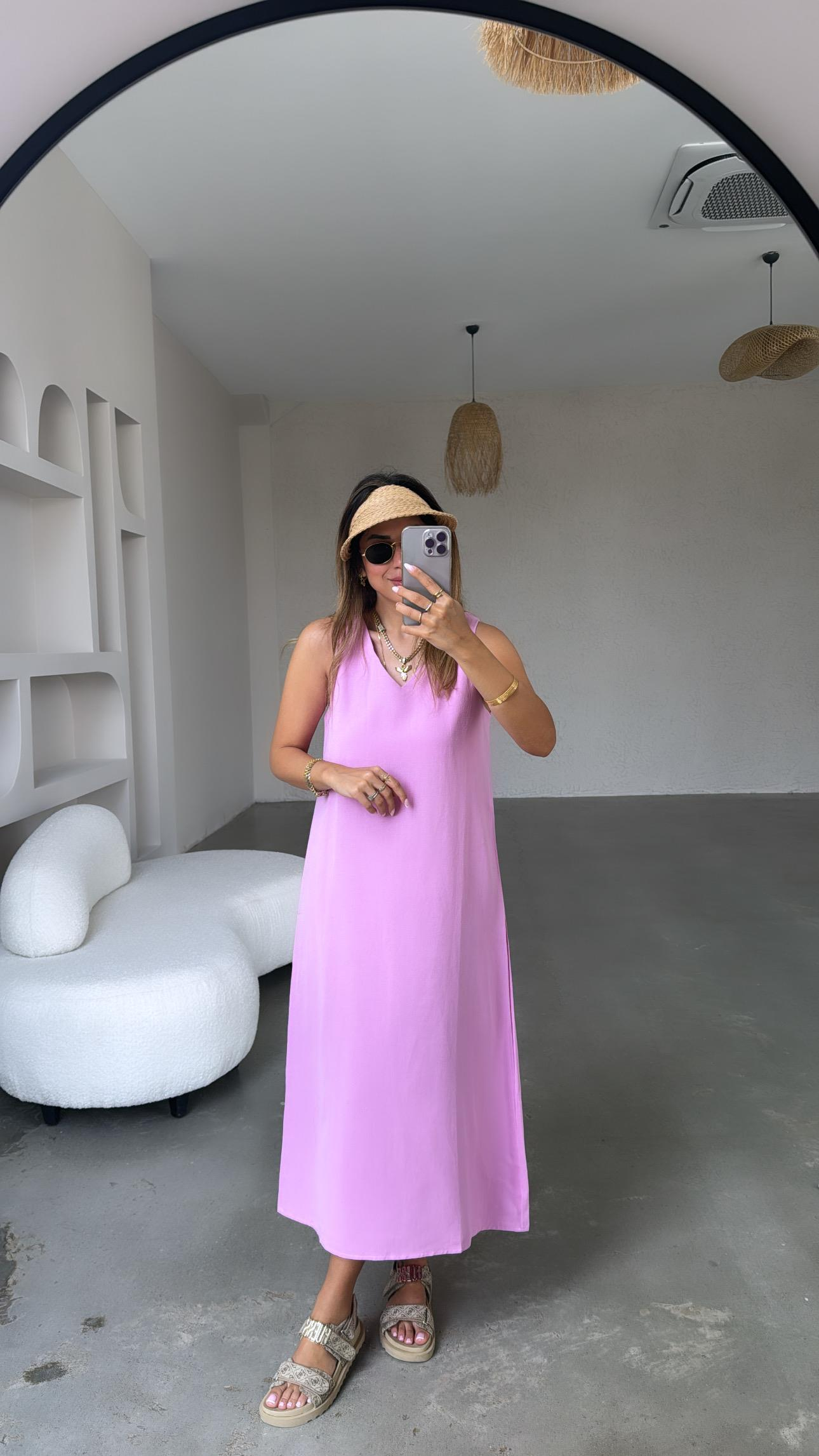 Pembe Basic V Yaka Keten Elbise