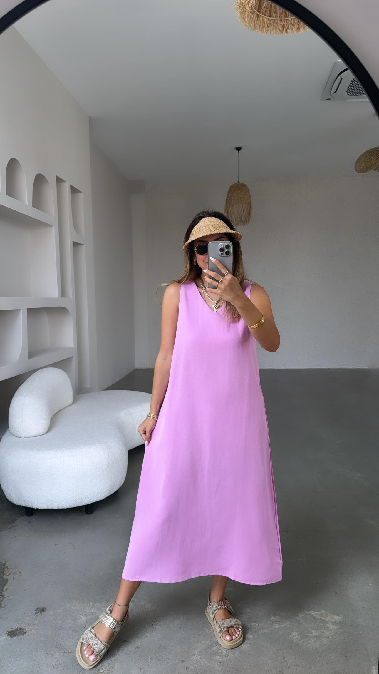 Pembe Basic V Yaka Keten Elbise