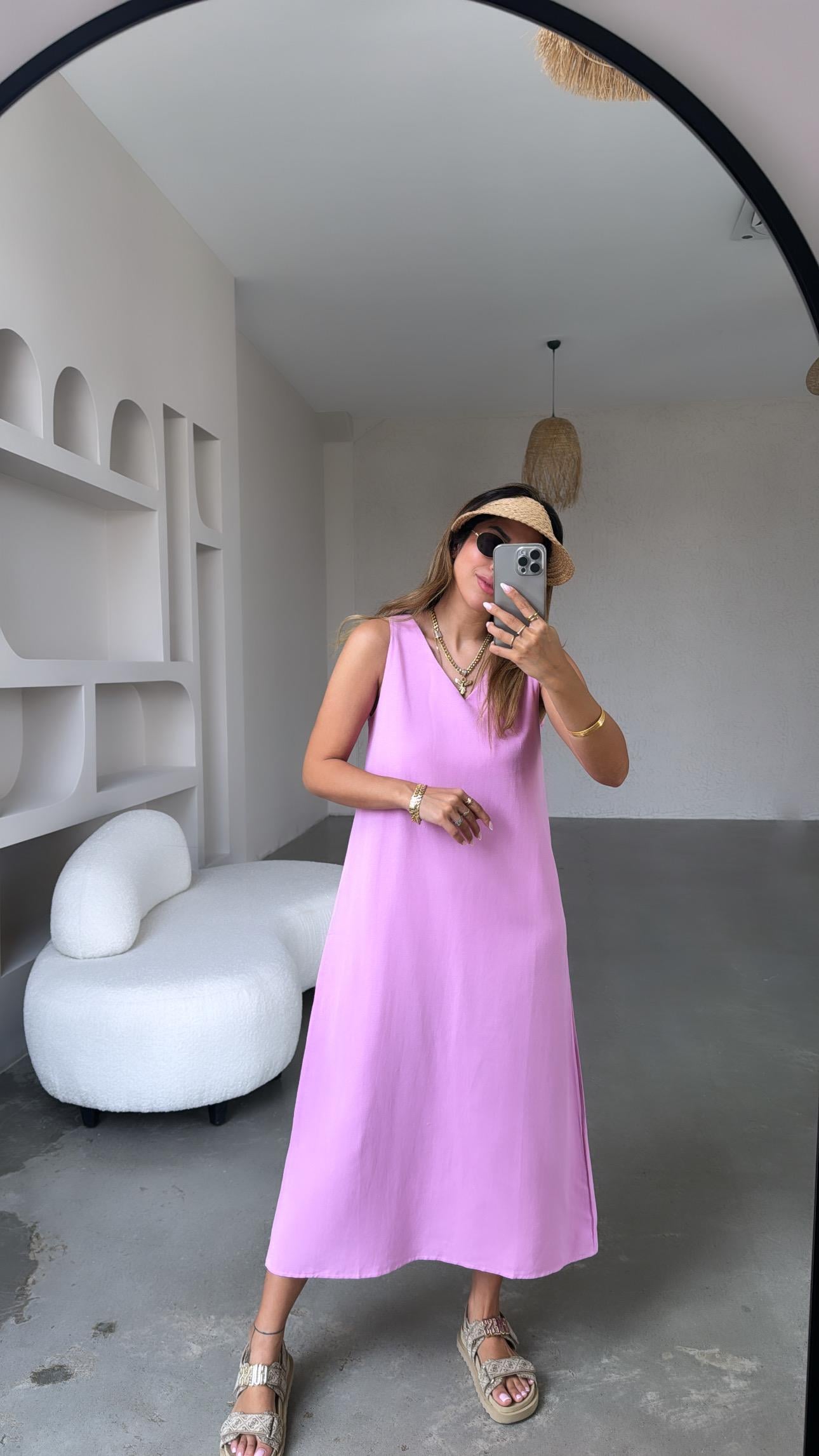 Pembe Basic V Yaka Keten Elbise
