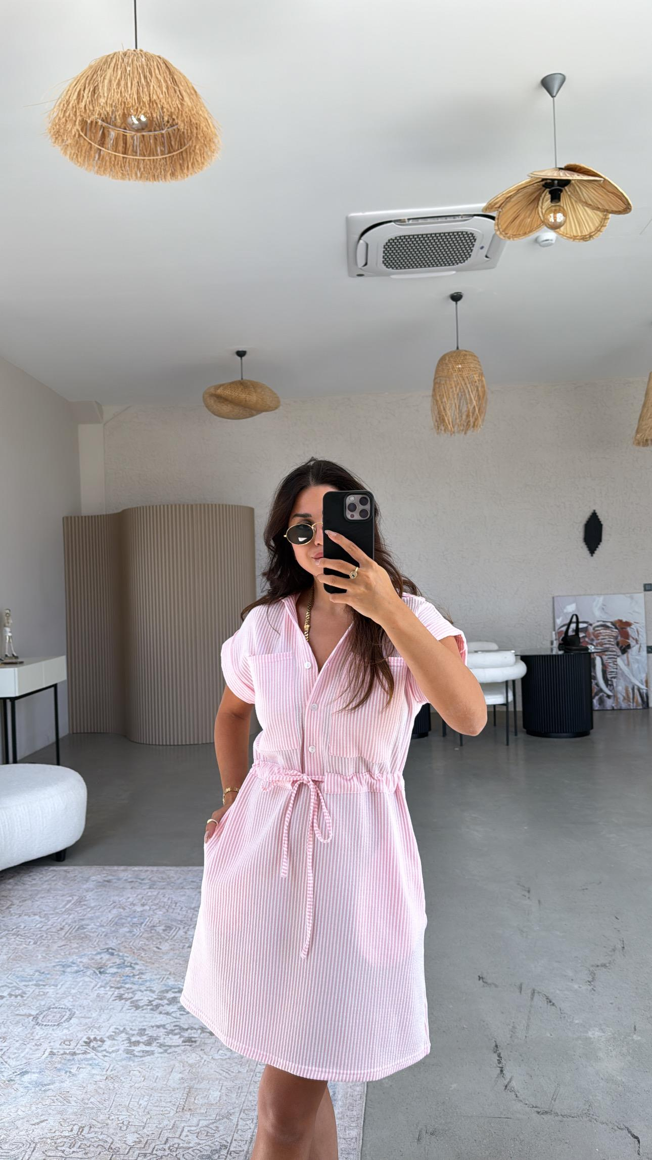 Pembe Çizgili Beli Kuşaklı Rahat Elbise