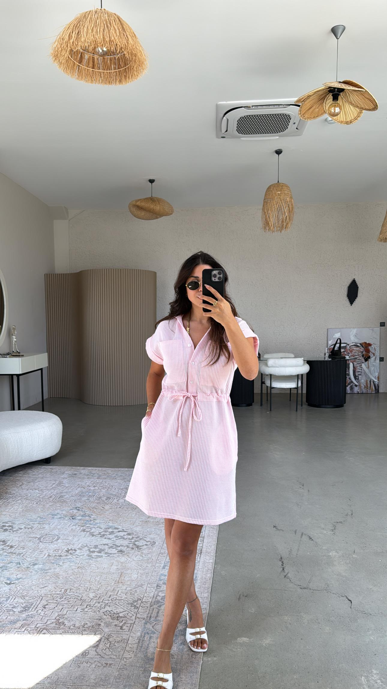 Pembe Çizgili Beli Kuşaklı Rahat Elbise