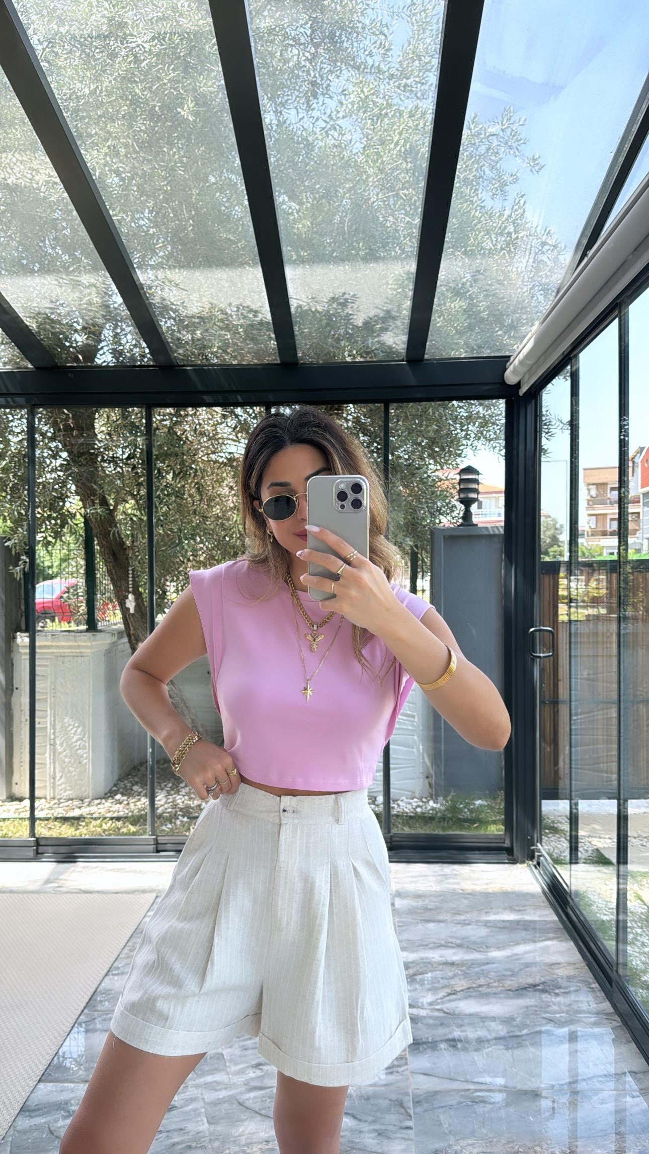 Pembe Dik Omuzlu Tshirt