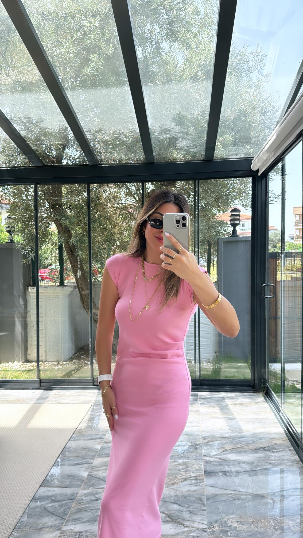 Pembe Drape Detaylı Elbise