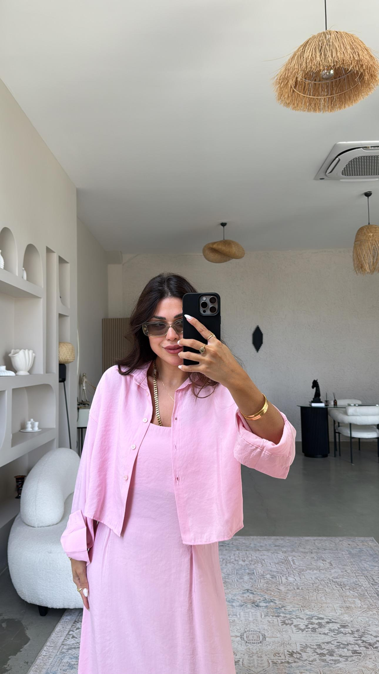 Pembe Gömlekli Askılı Tensel Elbise