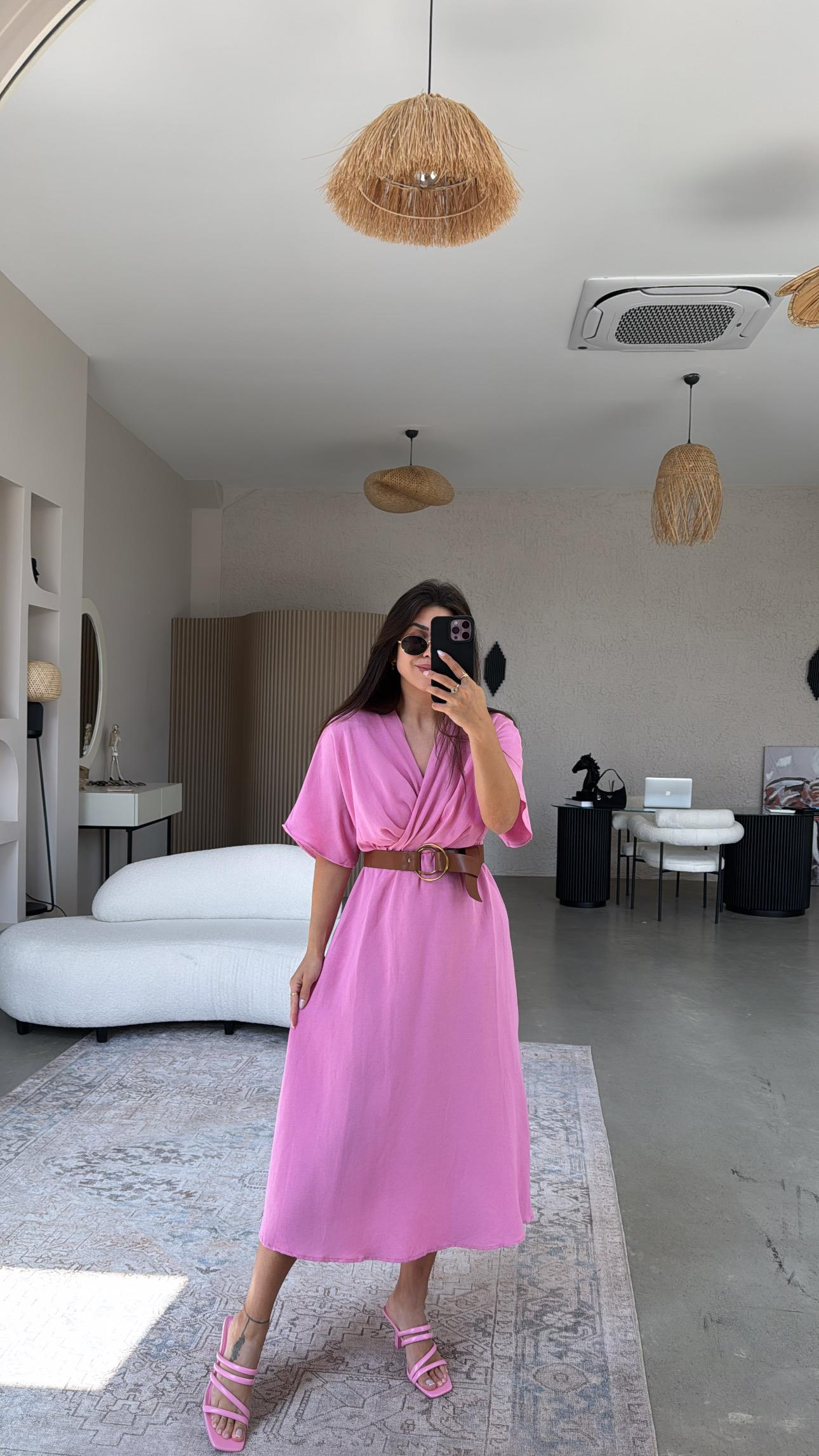 Pembe Keten Kemerli Kruvaze Elbise