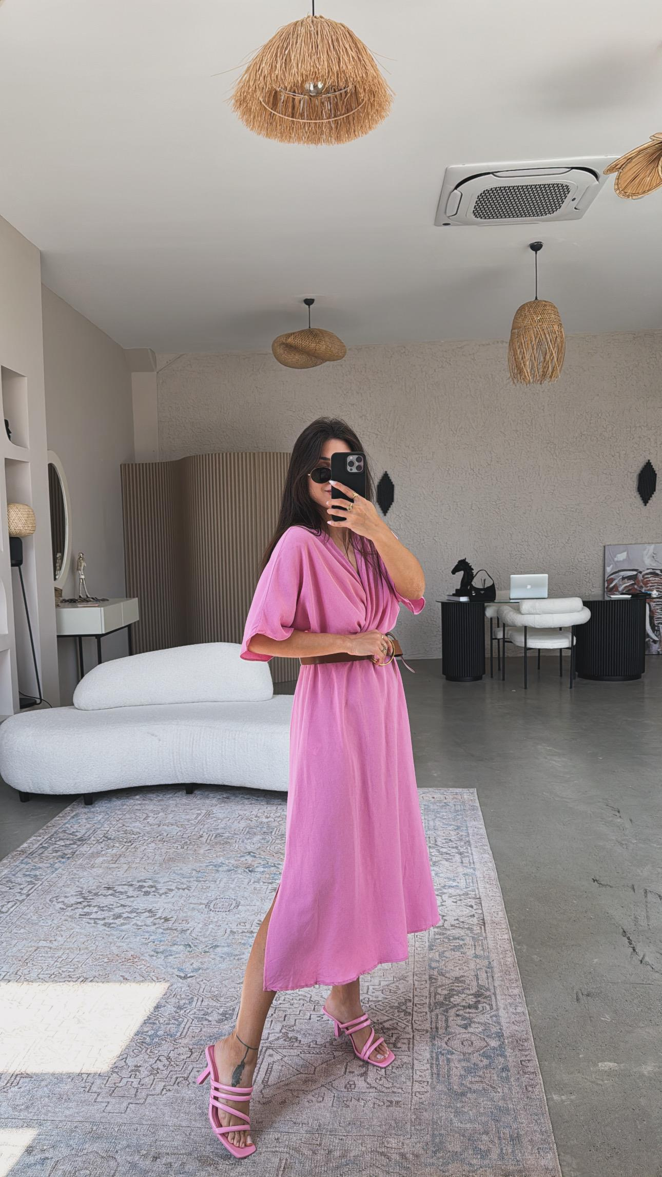 Pembe Keten Kemerli Kruvaze Elbise
