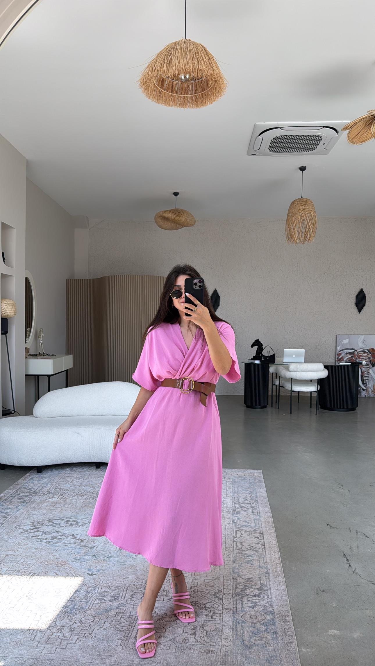 Pembe Keten Kemerli Kruvaze Elbise