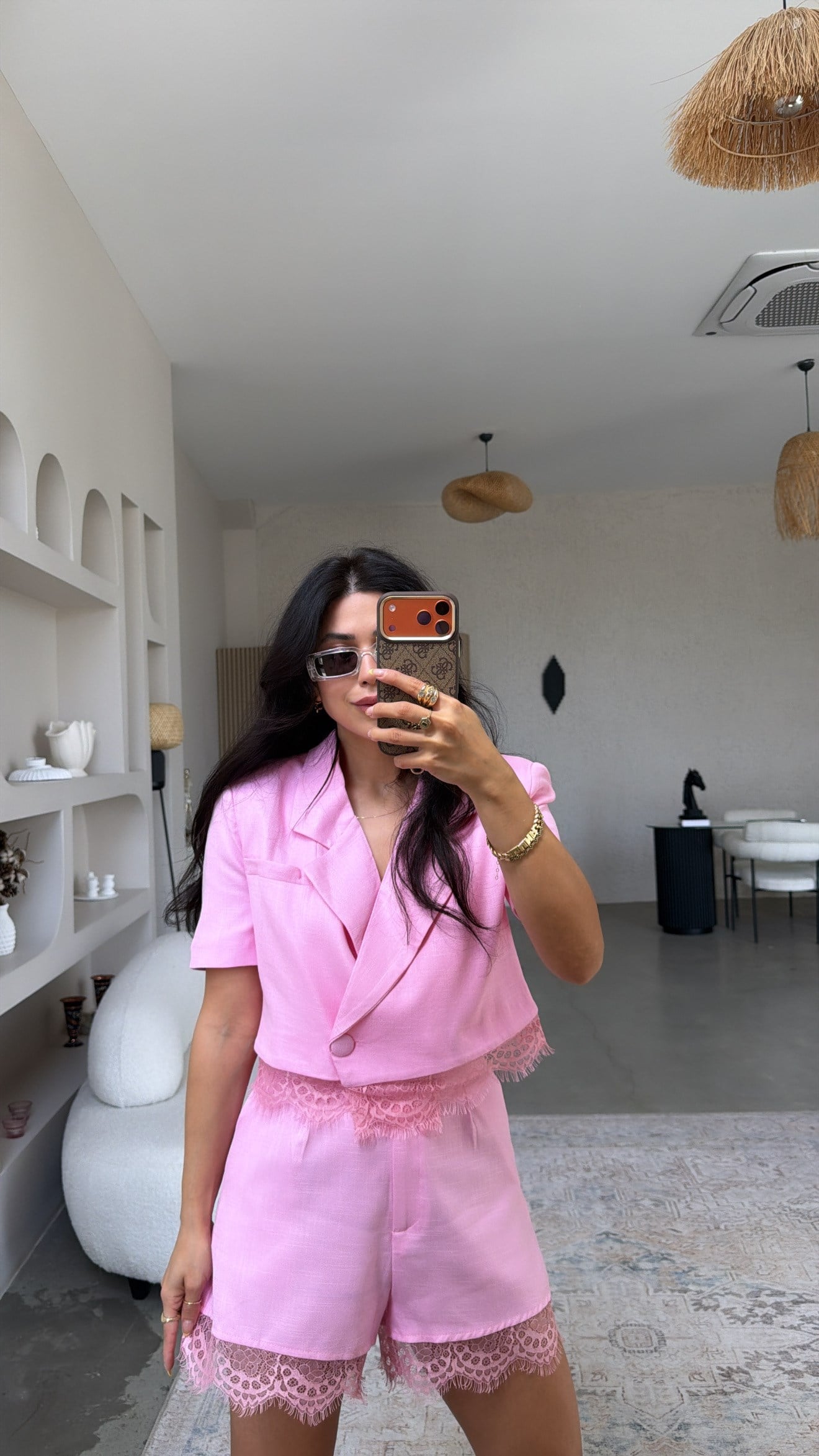 Pembe Keten ZR Model Dantelli Şort Ceket Takım