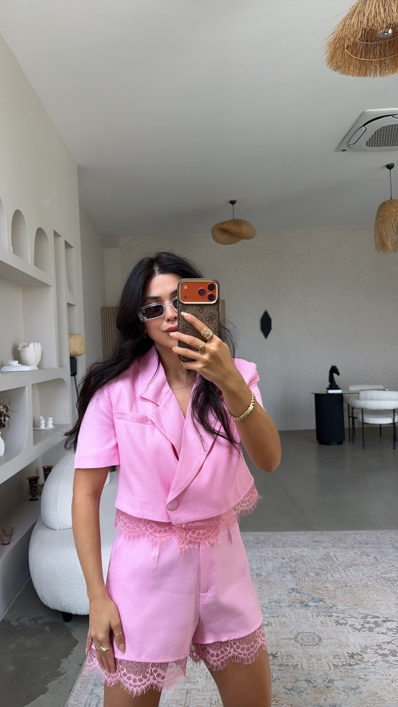 Pembe Keten ZR Model Dantelli Şort Ceket Takım