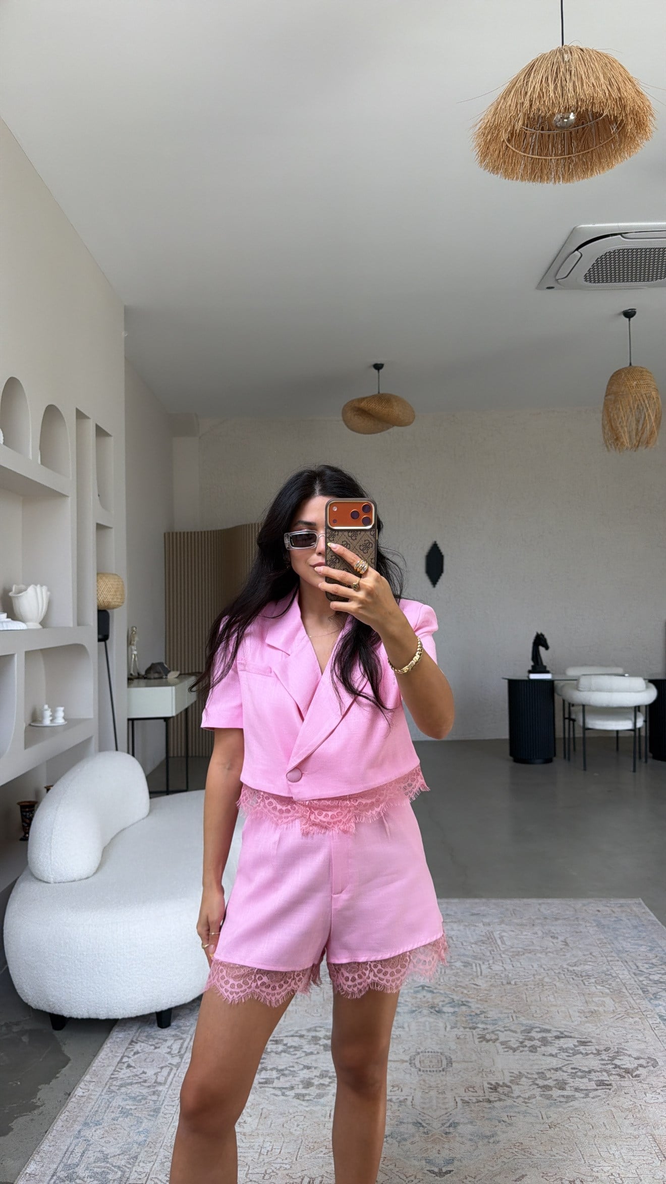 Pembe Keten ZR Model Dantelli Şort Ceket Takım