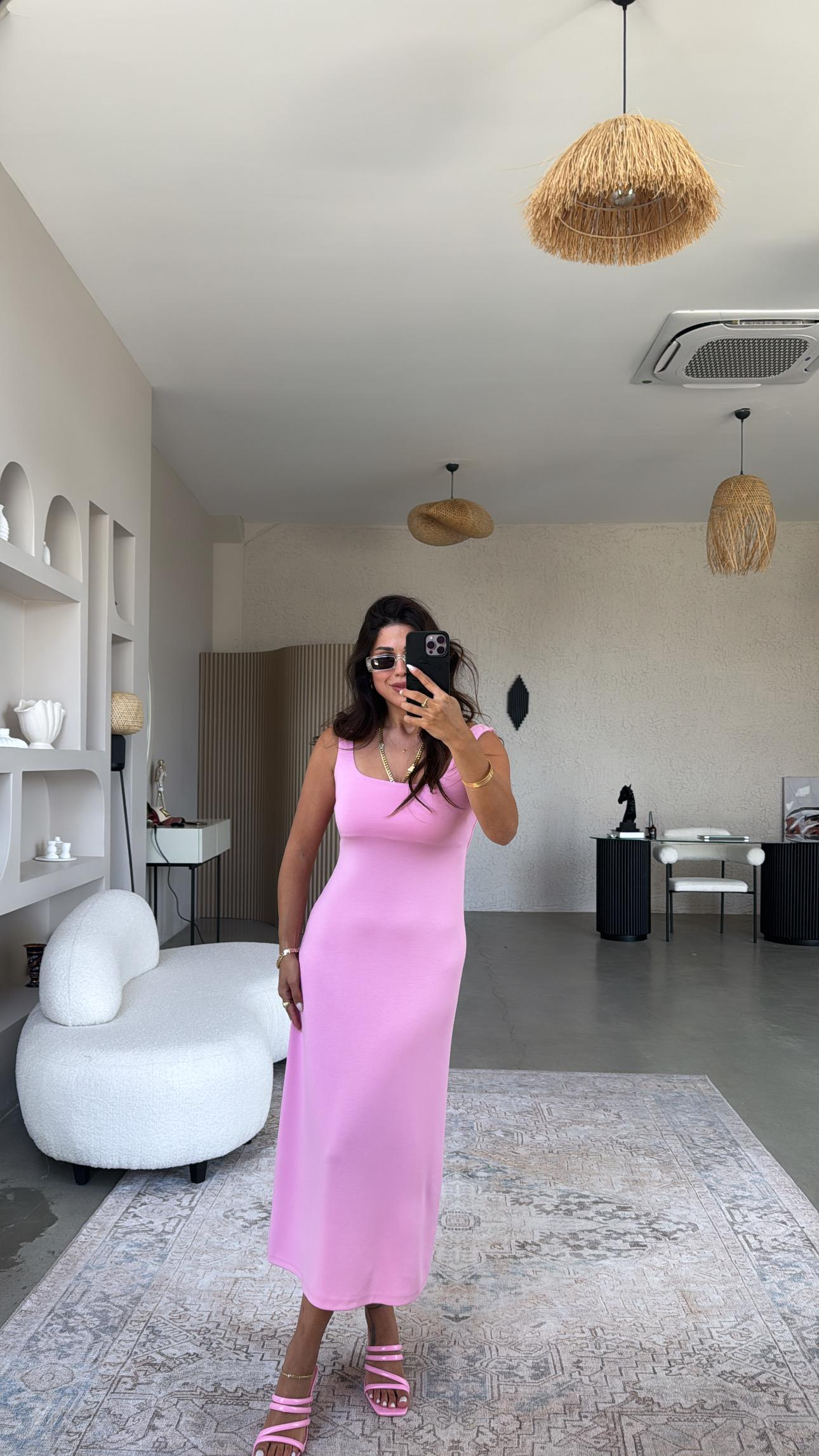 Pembe Modal Kare Yaka Elbise