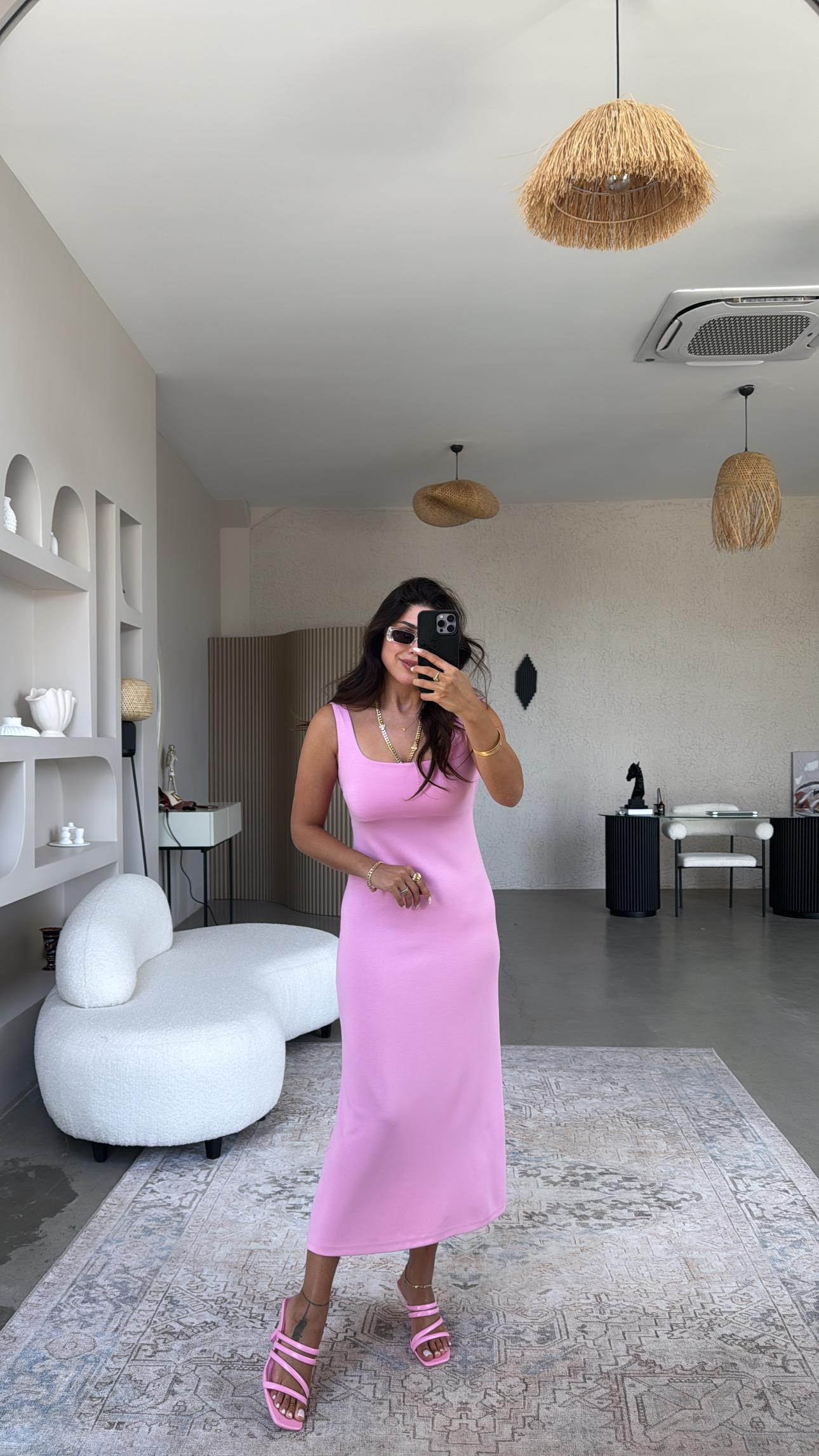 Pembe Modal Kare Yaka Elbise