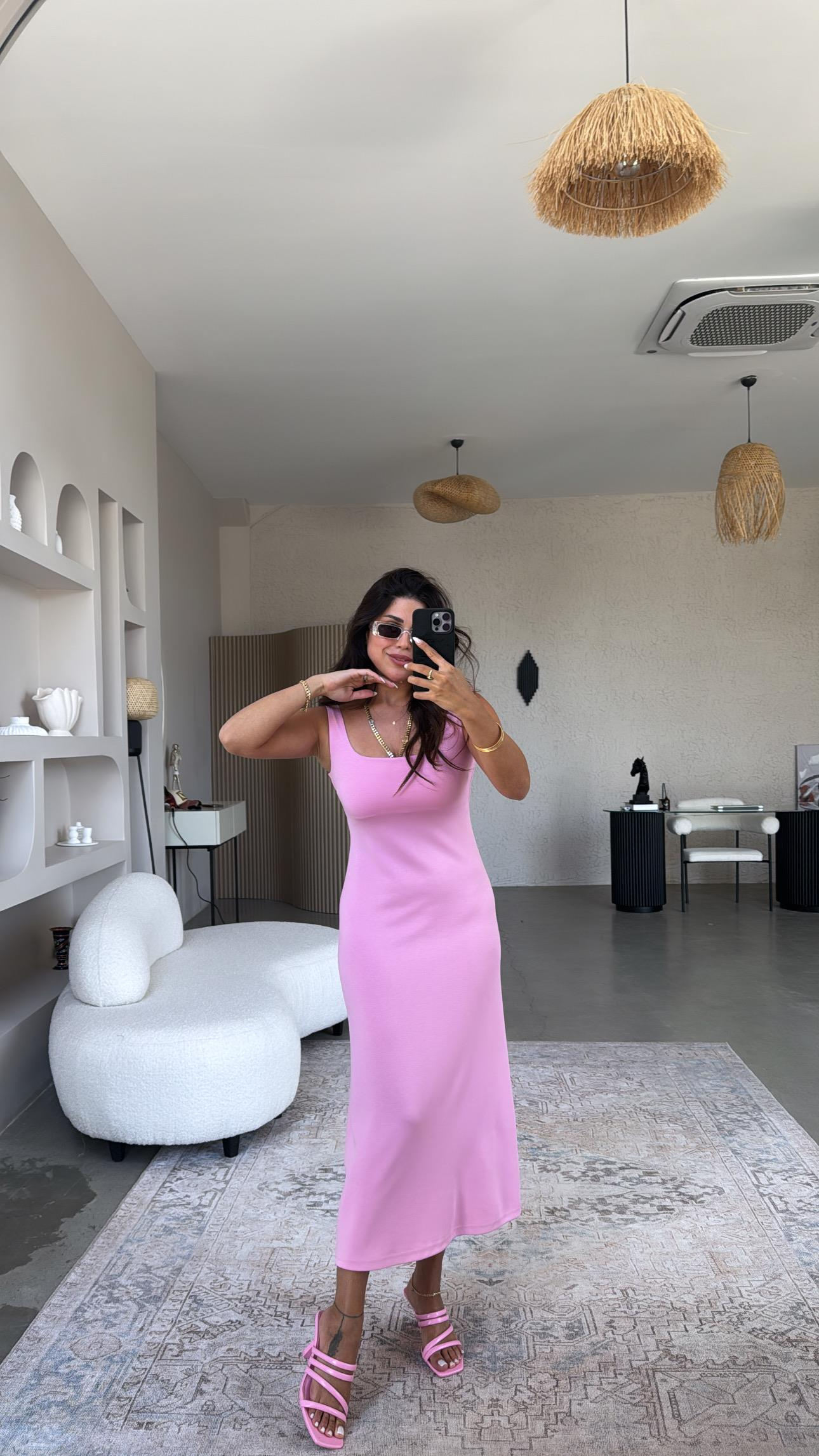 Pembe Modal Kare Yaka Elbise