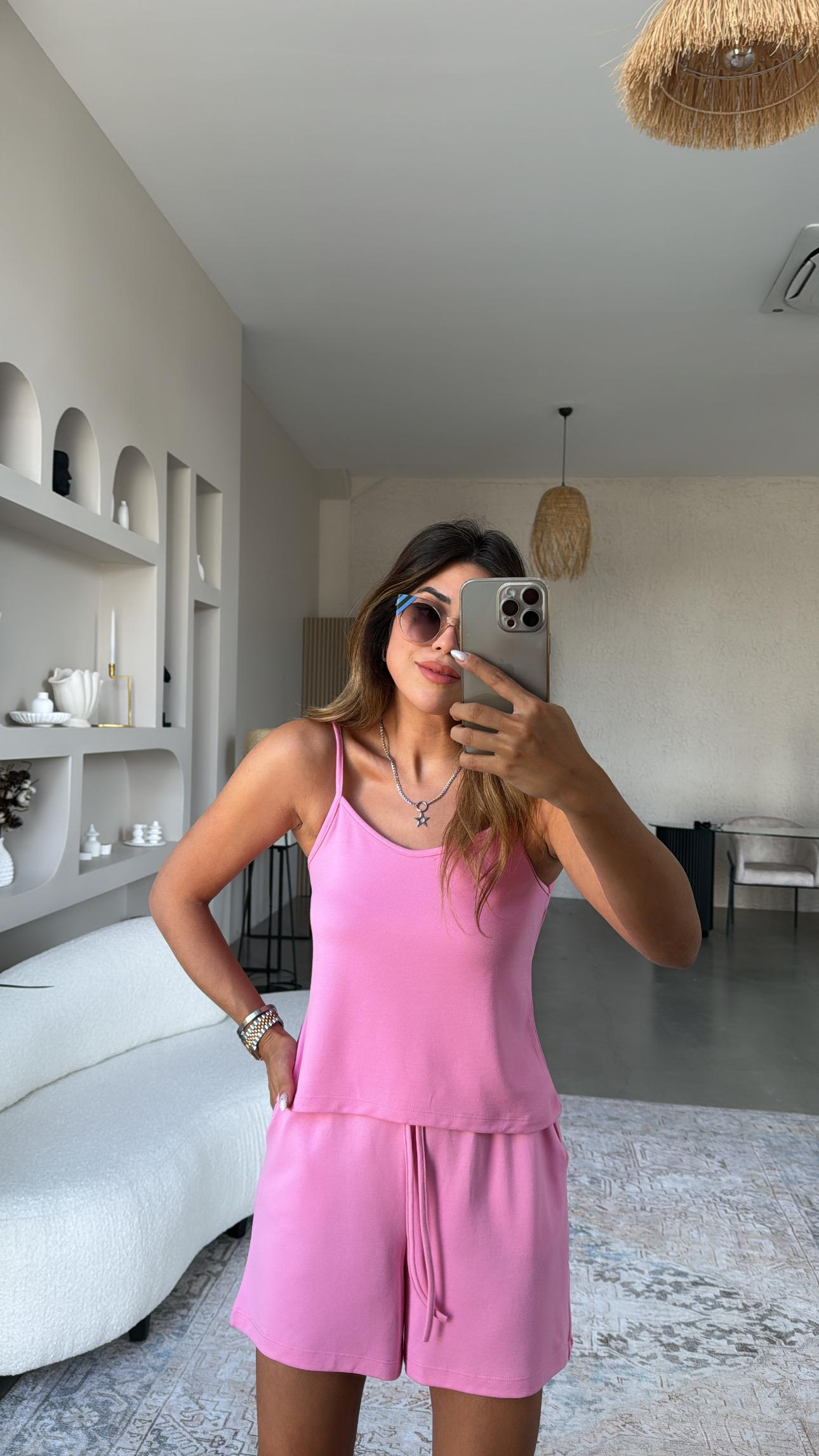 Pembe Pike Modal Şort Bluz Takım