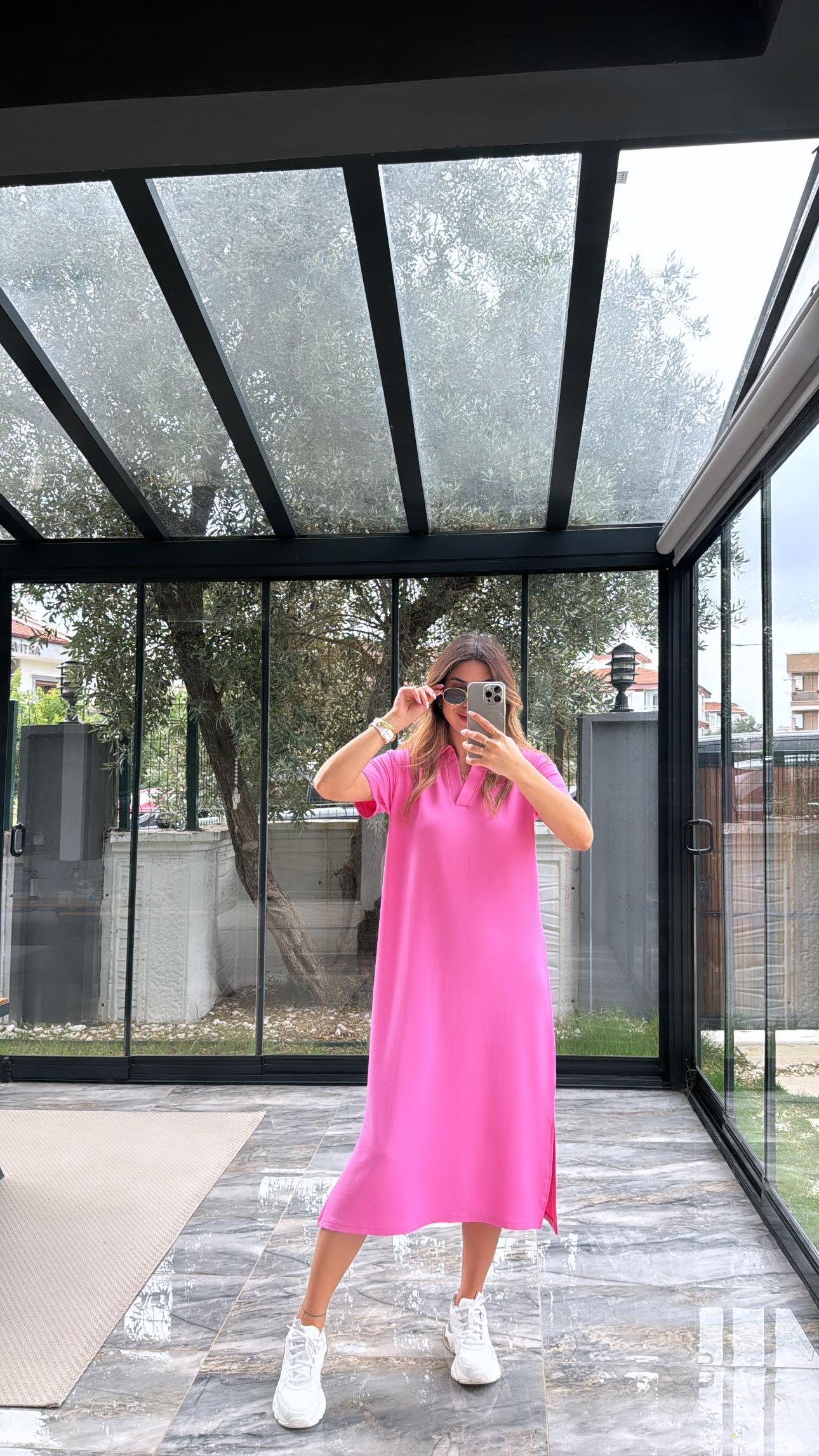 Pembe Polo Yakalı Elbise