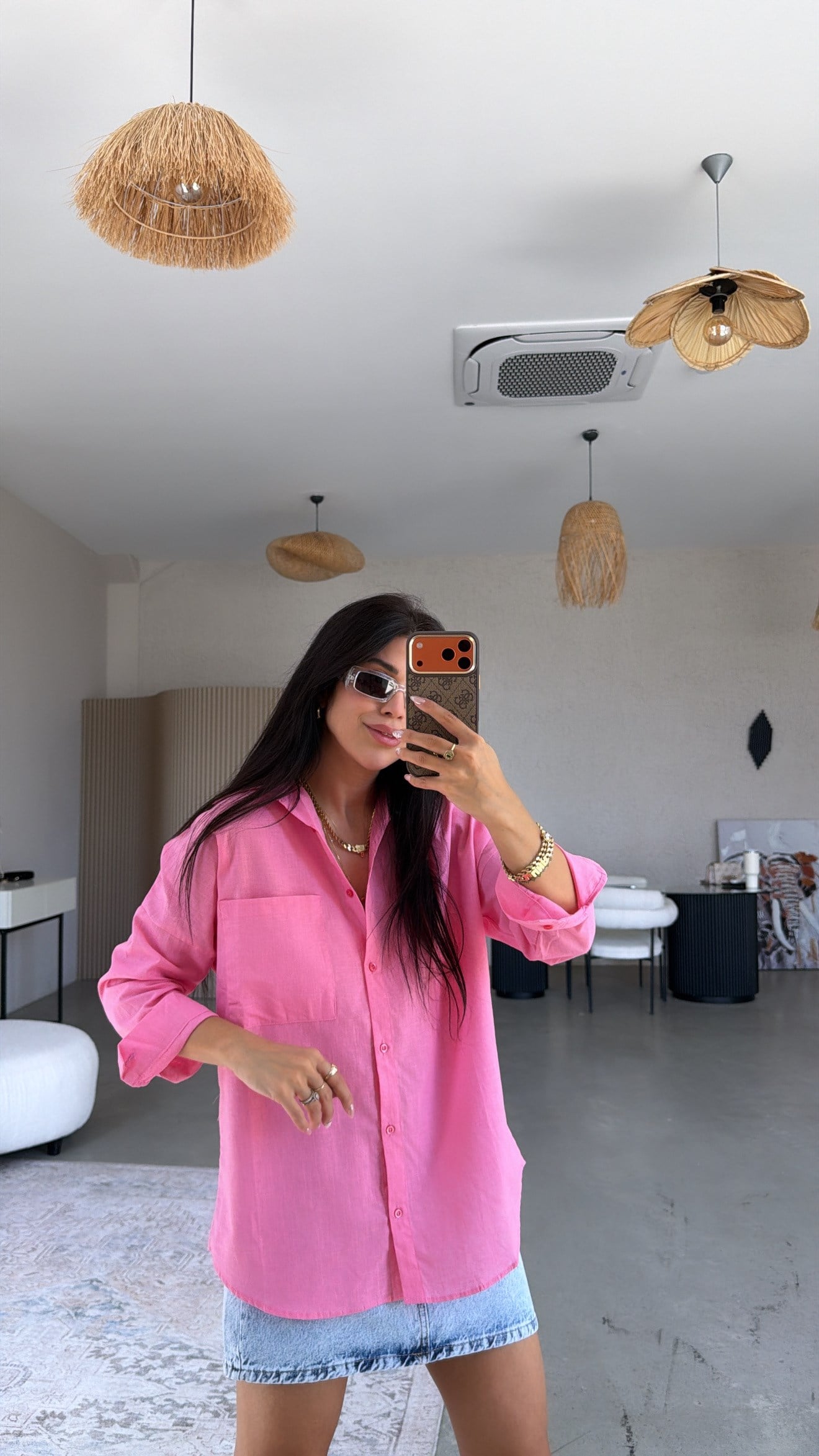 Pembe Tek Cepli Keten Gömlek