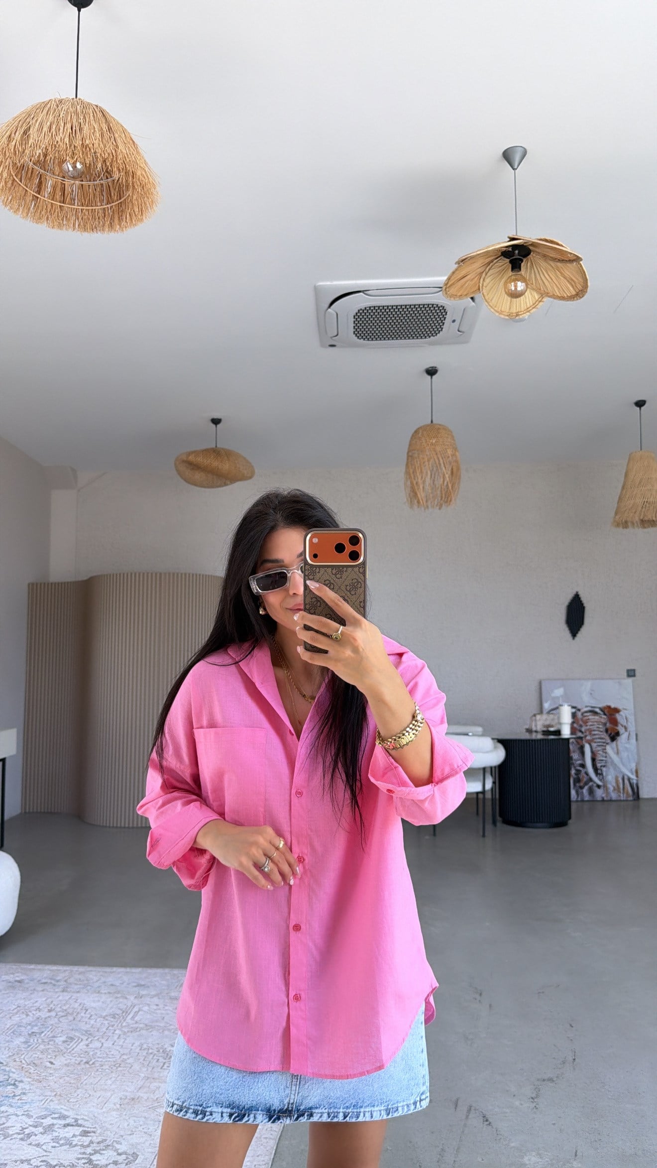 Pembe Tek Cepli Keten Gömlek