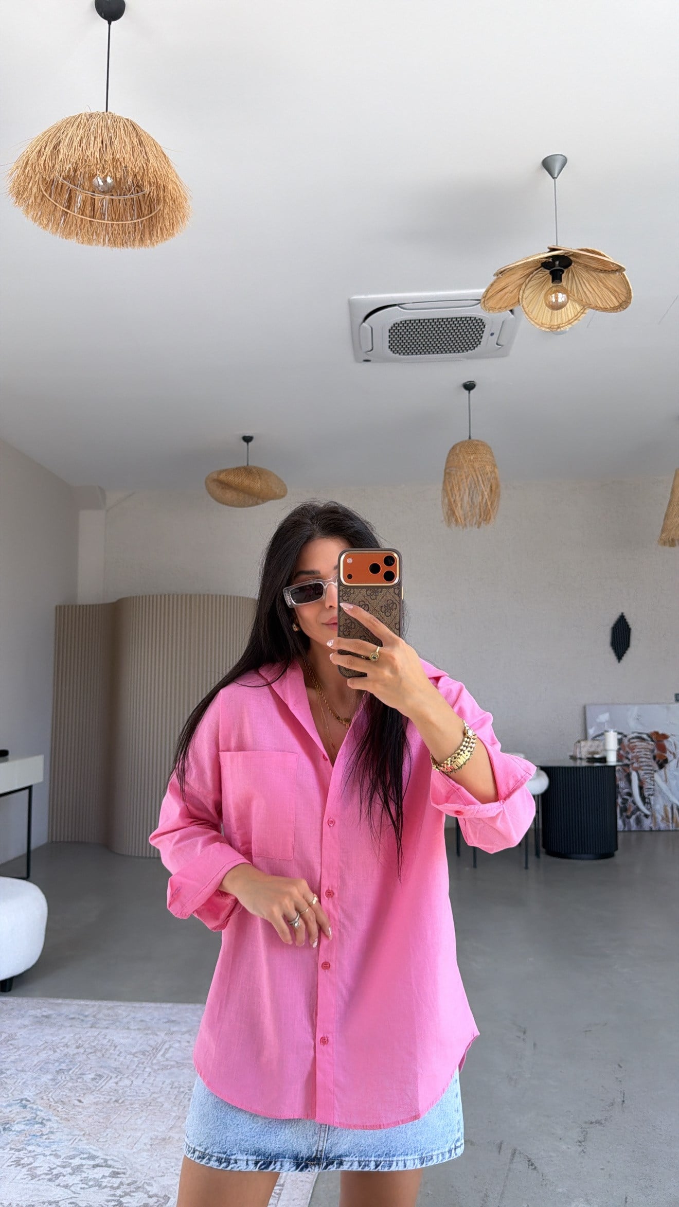 Pembe Tek Cepli Keten Gömlek