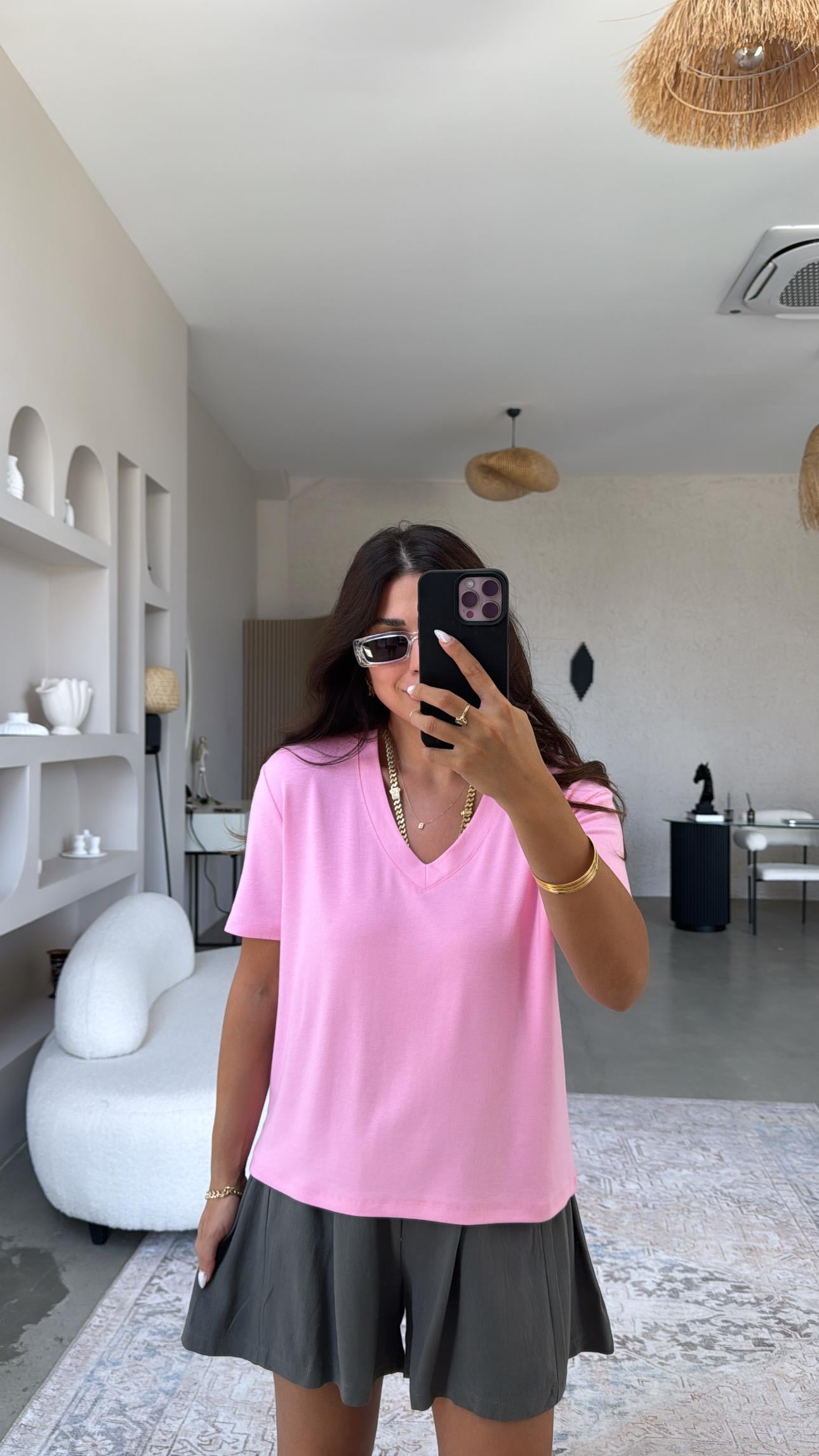 Pembe V Yaka Salaş Bluz