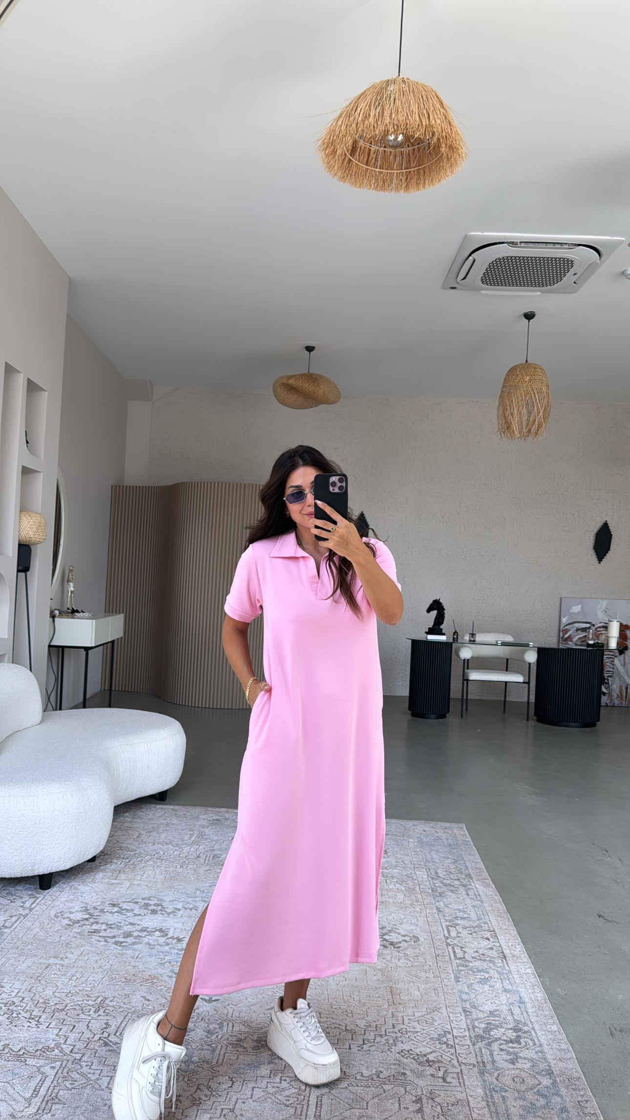 Pembe Yakalı Uzun Modal Elbise