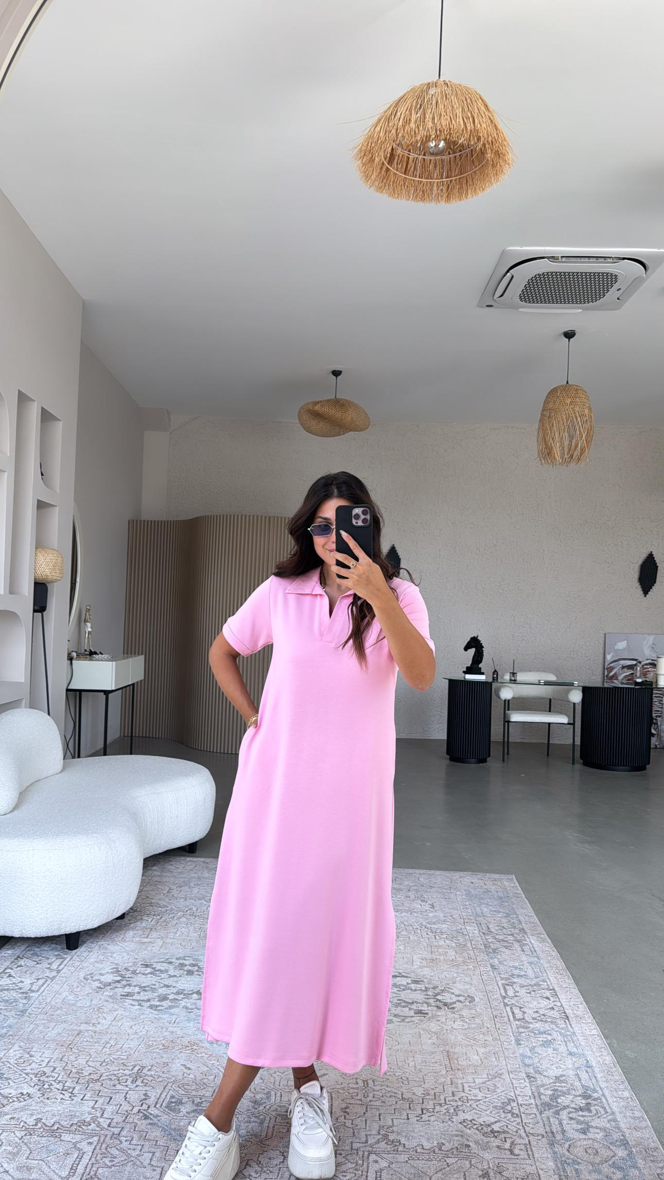 Pembe Yakalı Uzun Modal Elbise