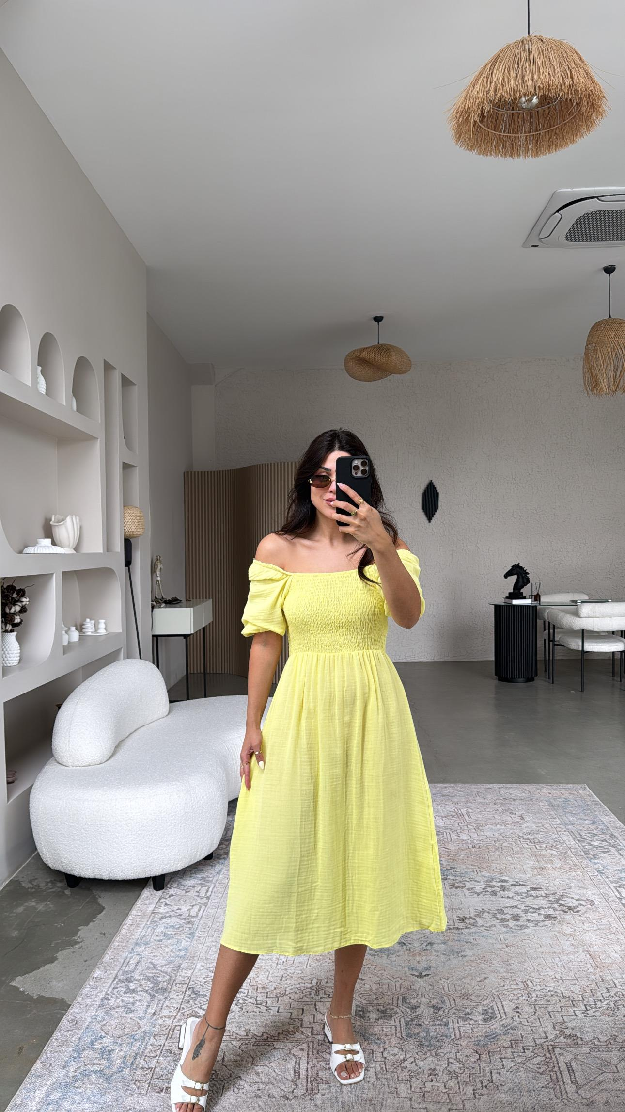 Romantik Limon Sarı Müslin Elbise