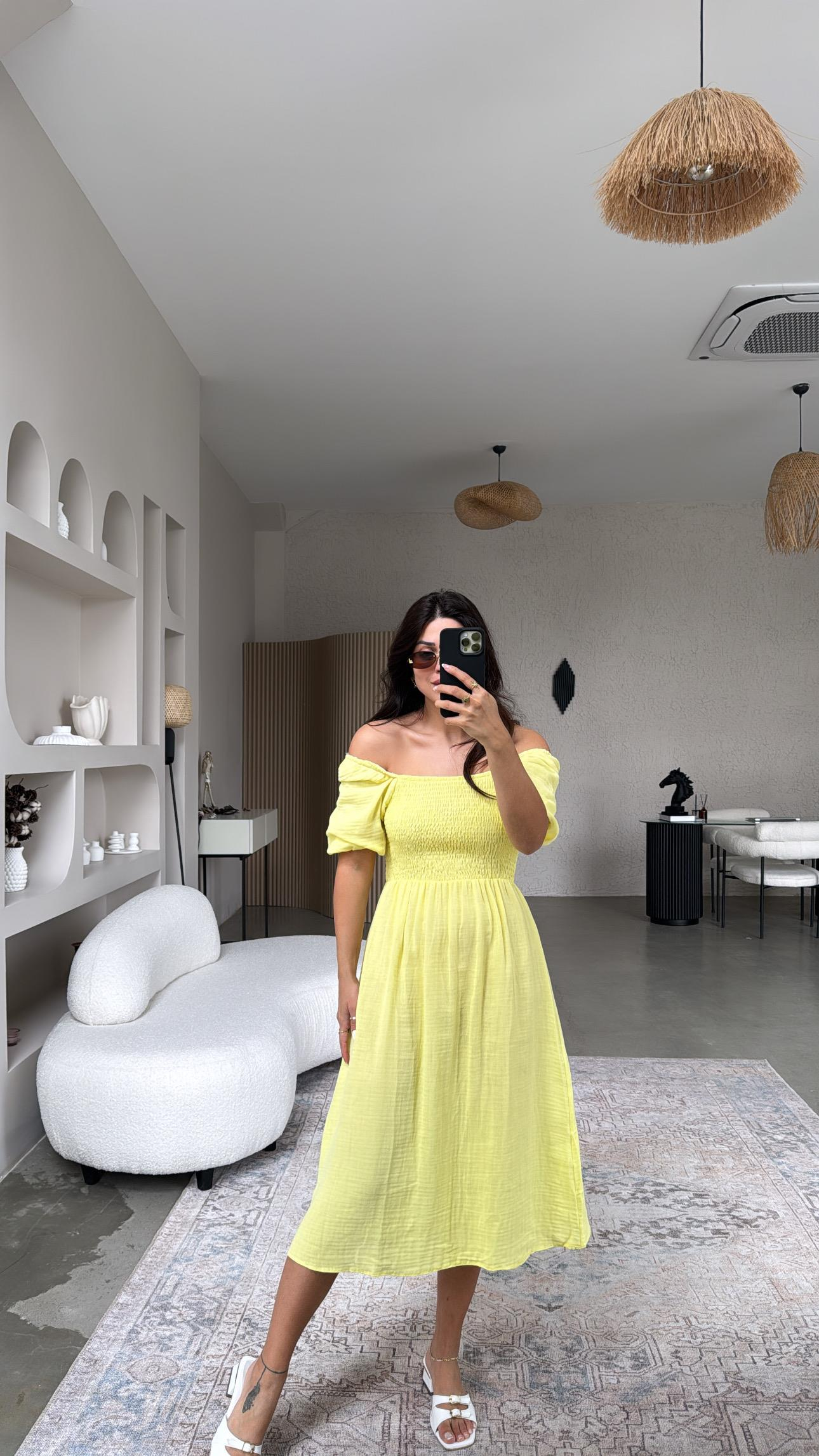 Romantik Limon Sarı Müslin Elbise
