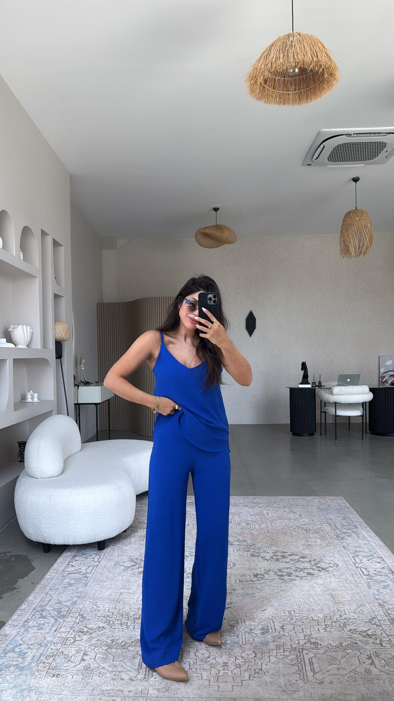 Saks Mavi İp Askılı Basic Tiril Takım