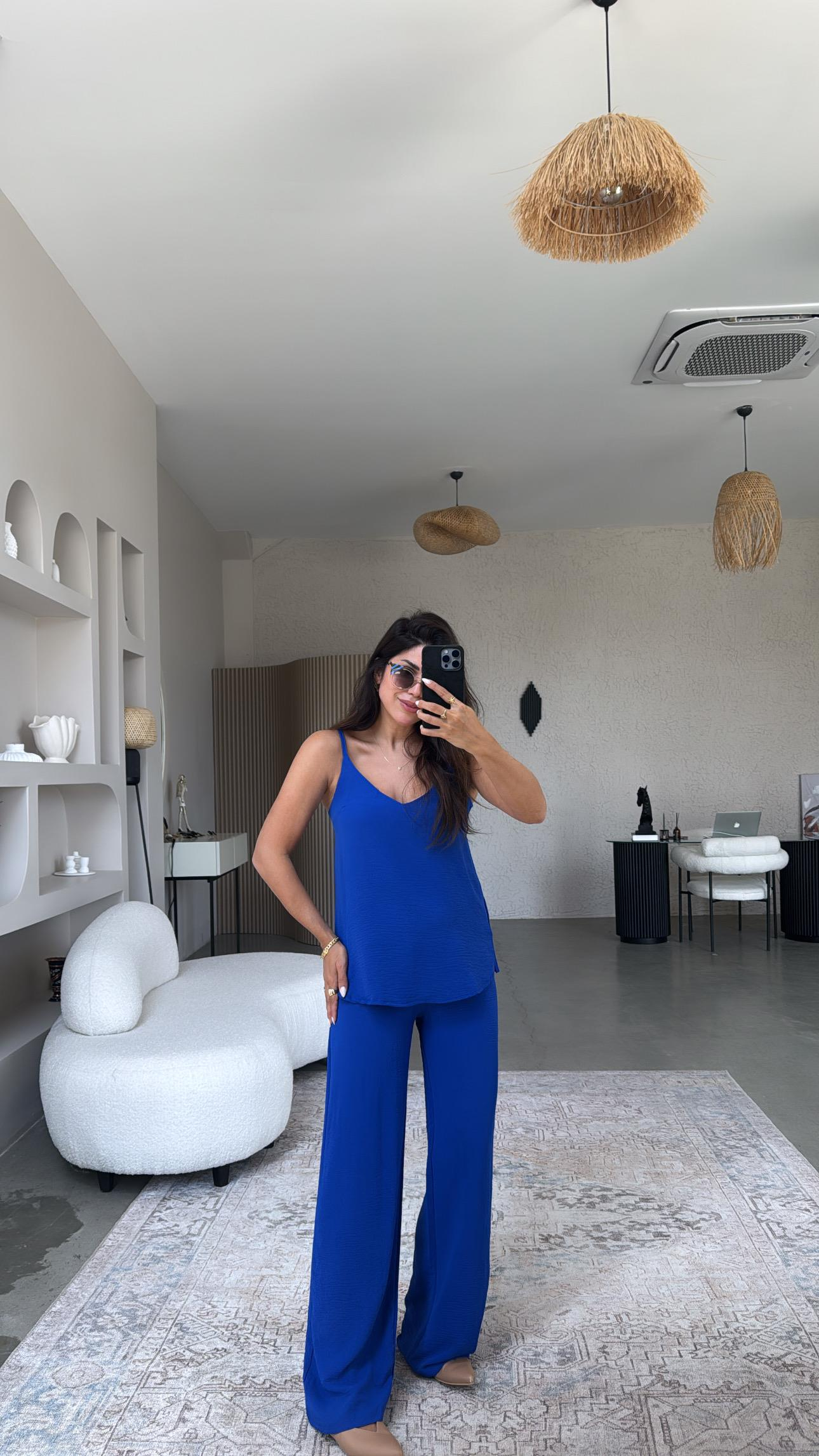 Saks Mavi İp Askılı Basic Tiril Takım