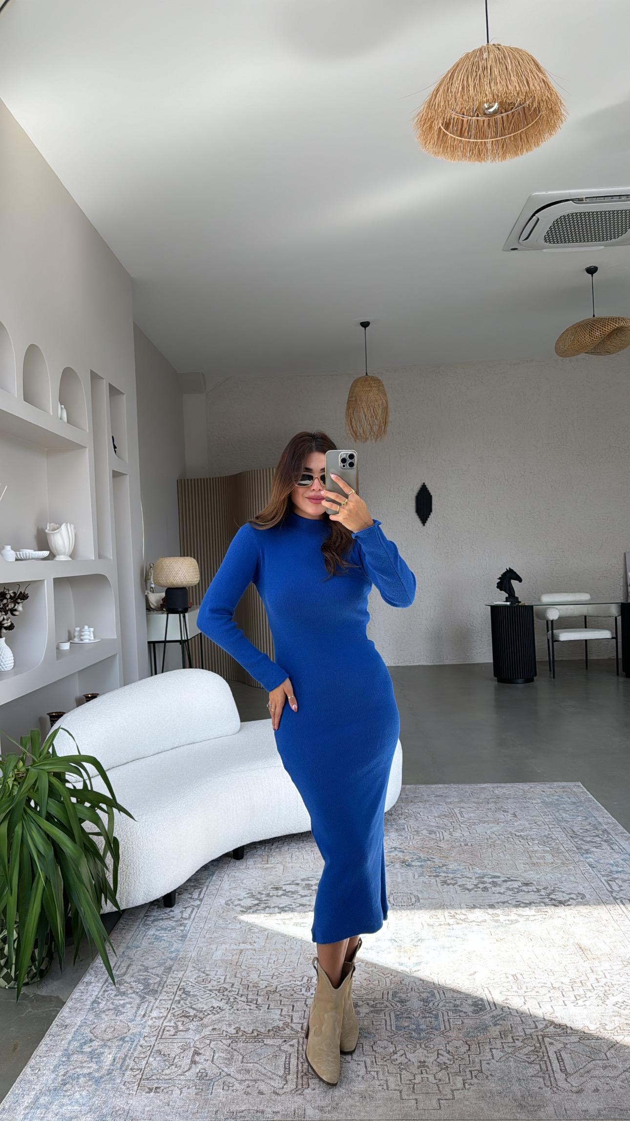 Saks Mavi Yün Karışımlı Triko Kalem Elbise