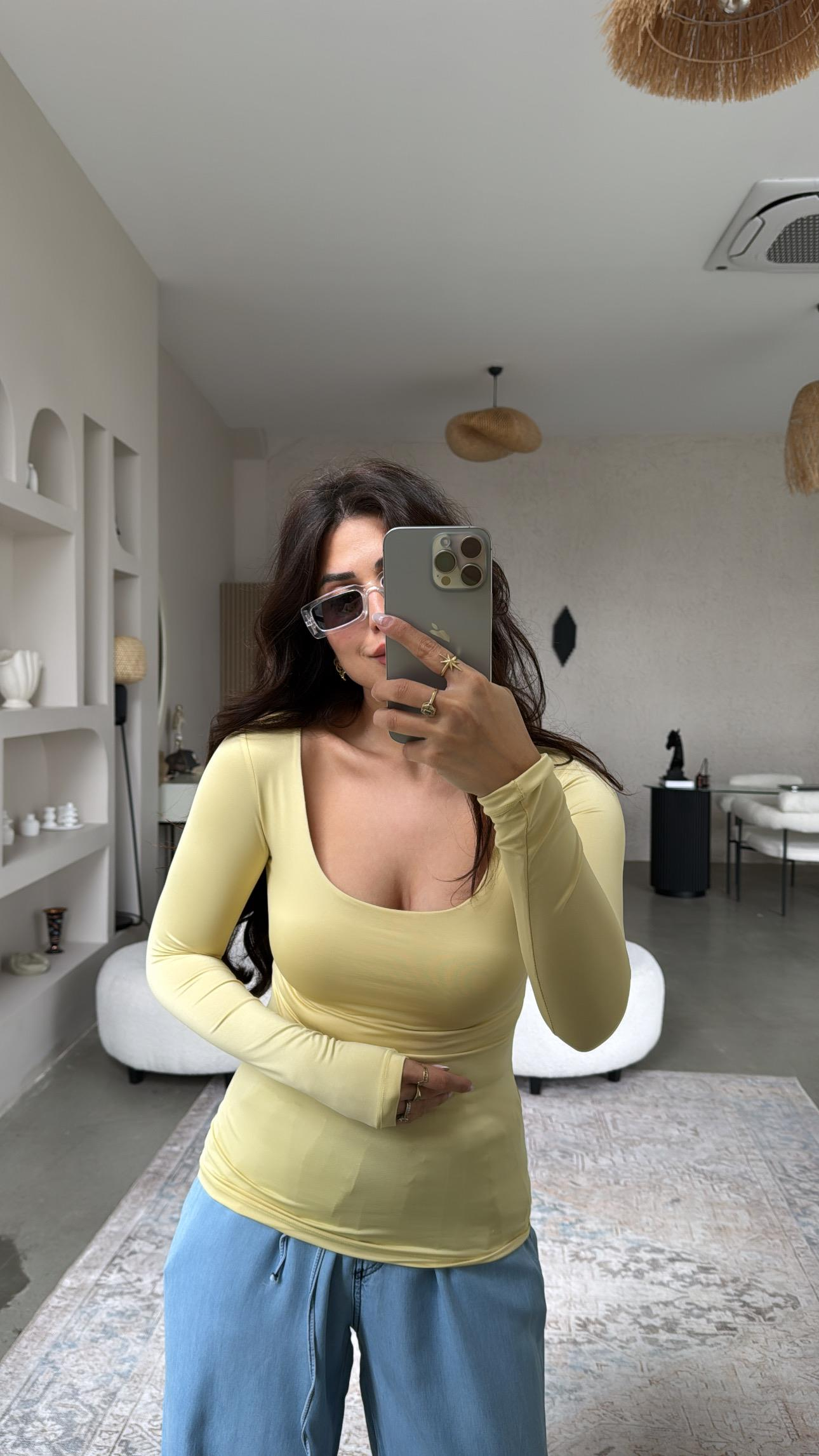 Sarı Kare Yaka Scuba Basic Bluz