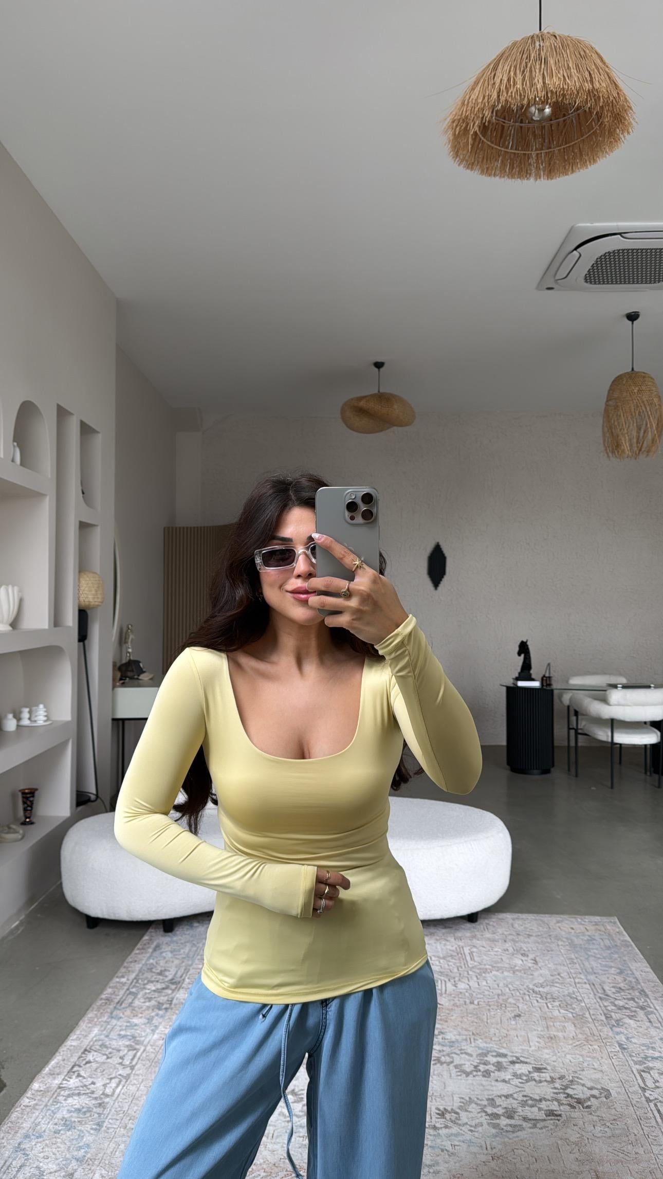 Sarı Kare Yaka Scuba Basic Bluz