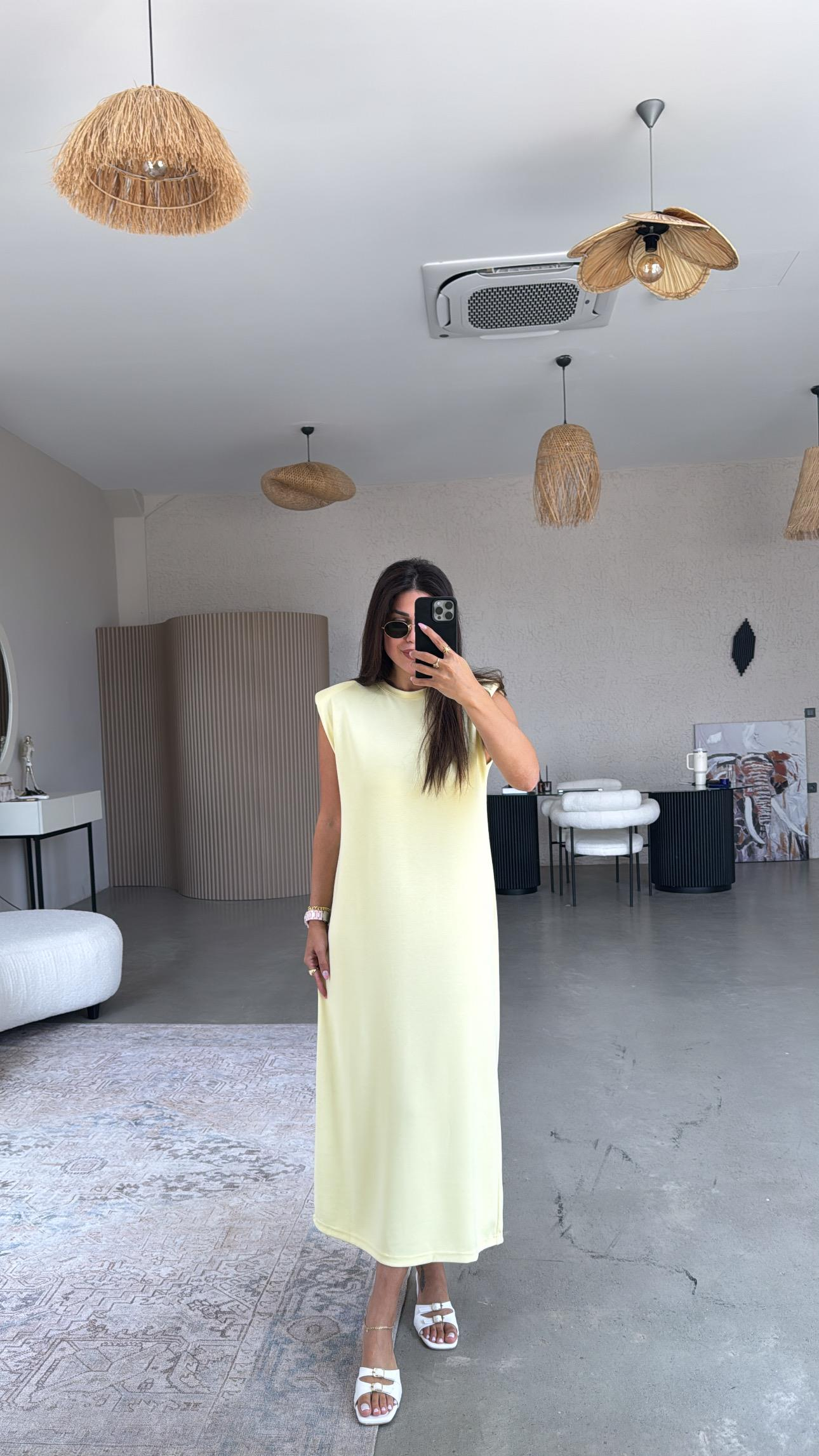 Sarı Vatkalı Modal Elbise