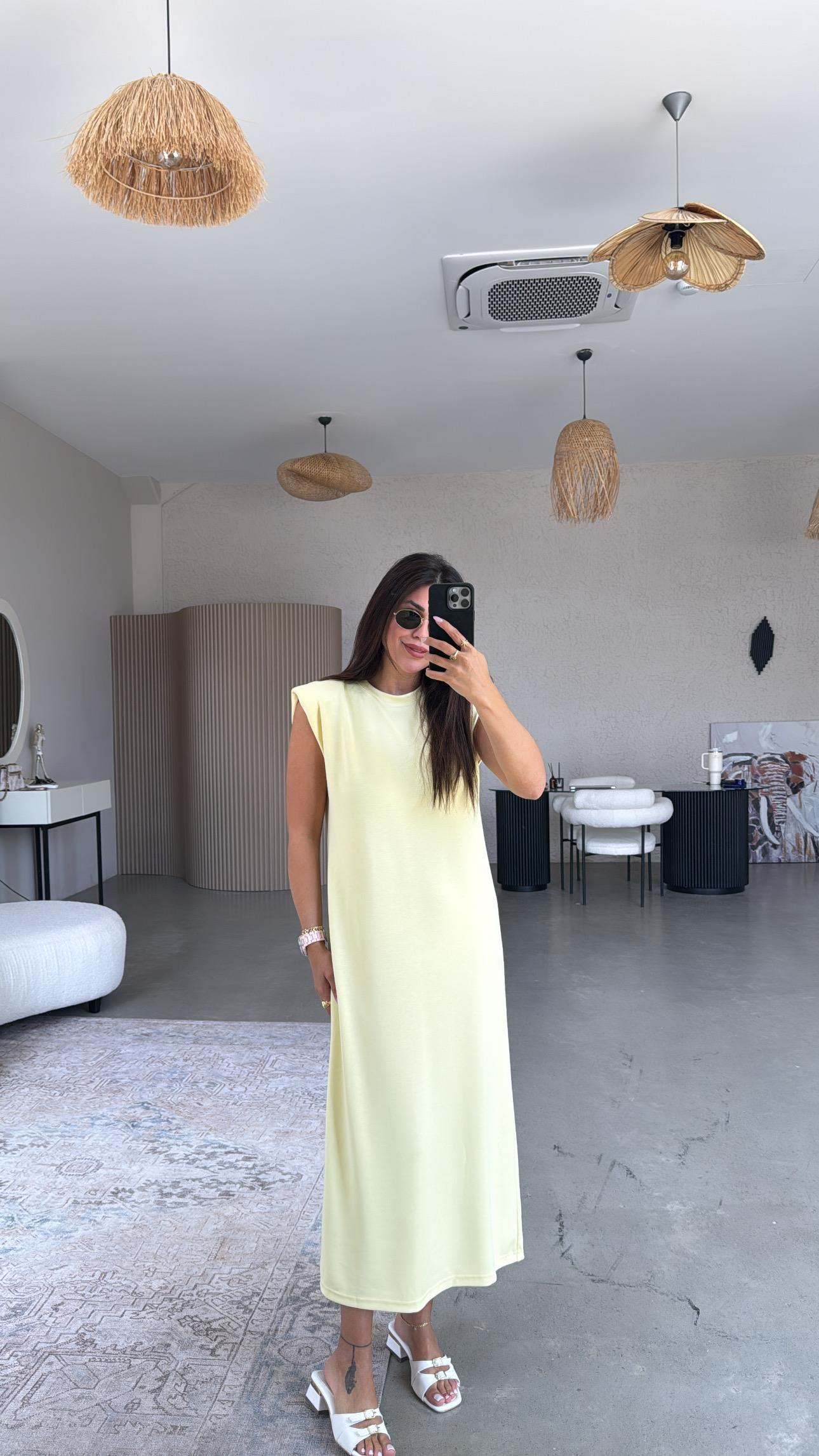 Sarı Vatkalı Modal Elbise