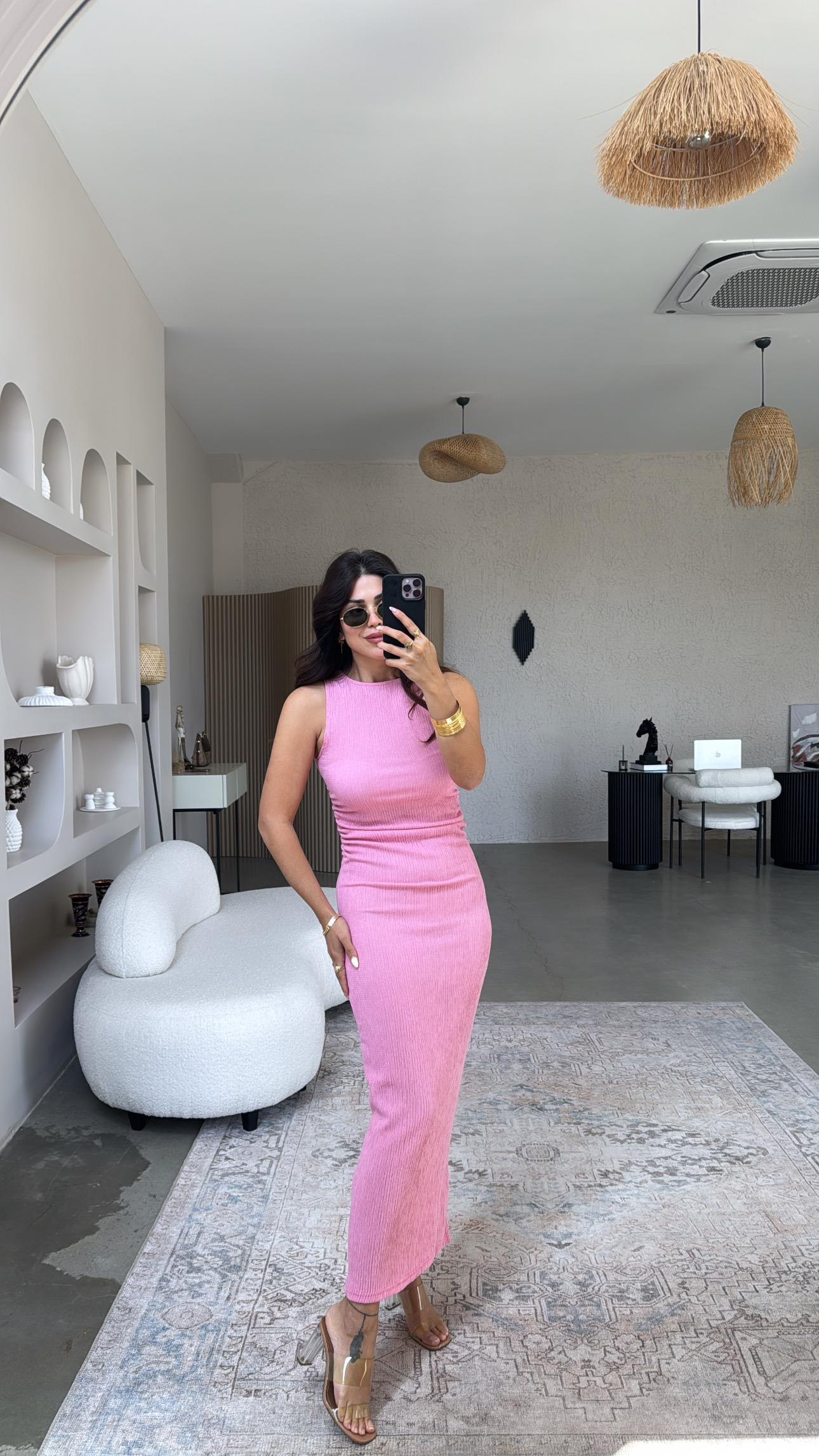 Şeker Pembe Bürümcük ZR Model Büzgü Detay Elbise