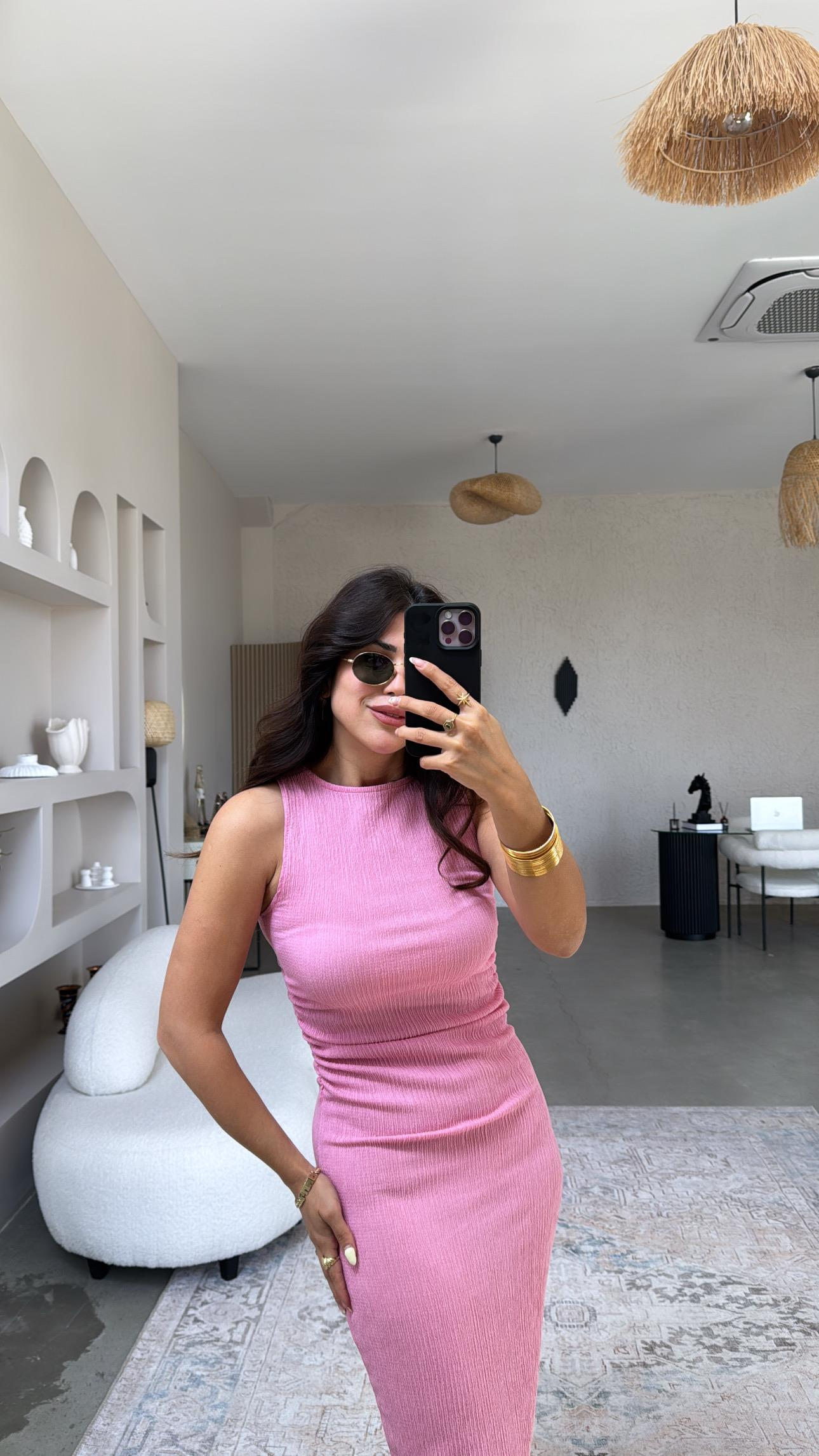 Şeker Pembe Bürümcük ZR Model Büzgü Detay Elbise