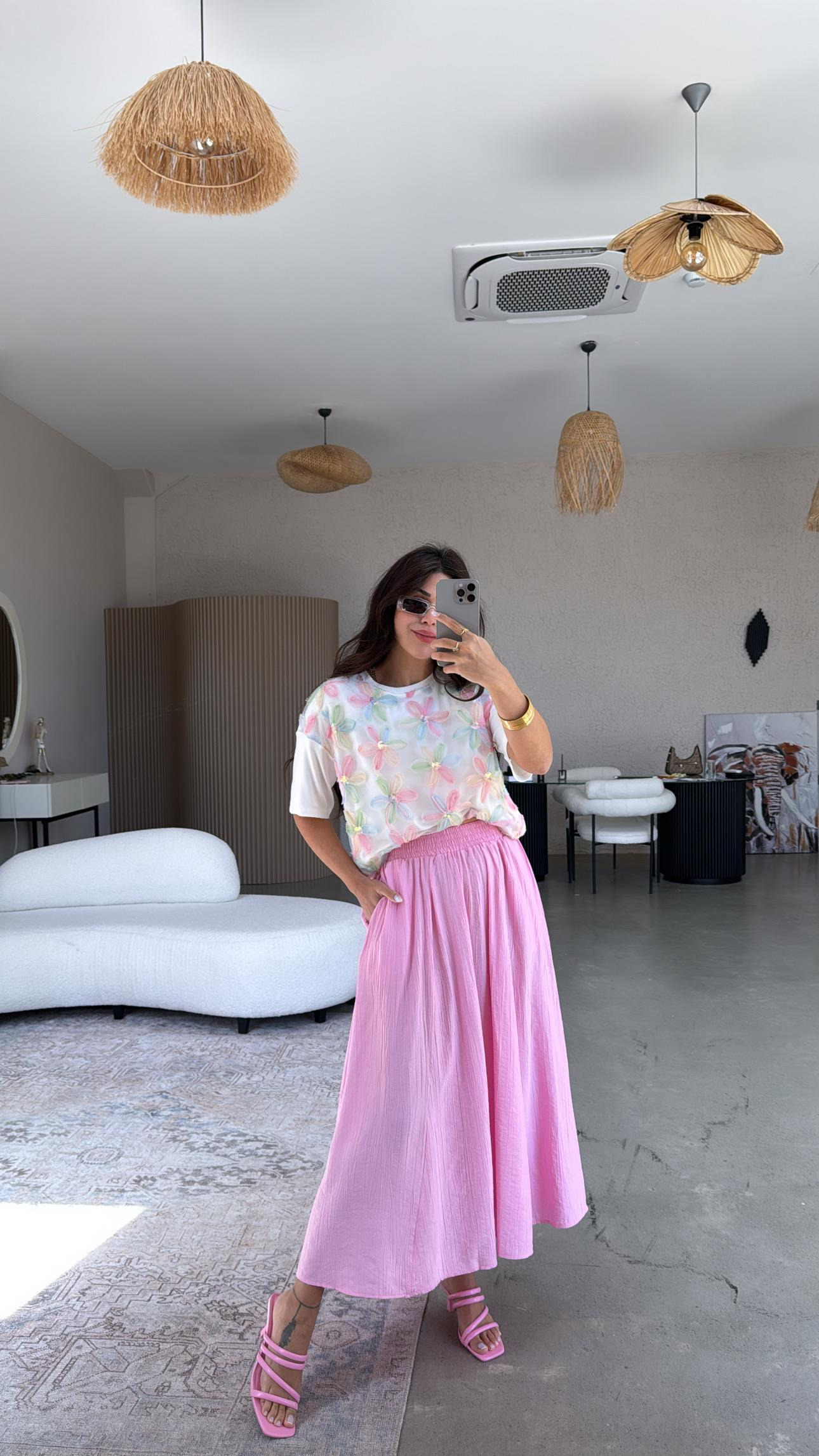 Şeker Pembe Midi Çilek Etek