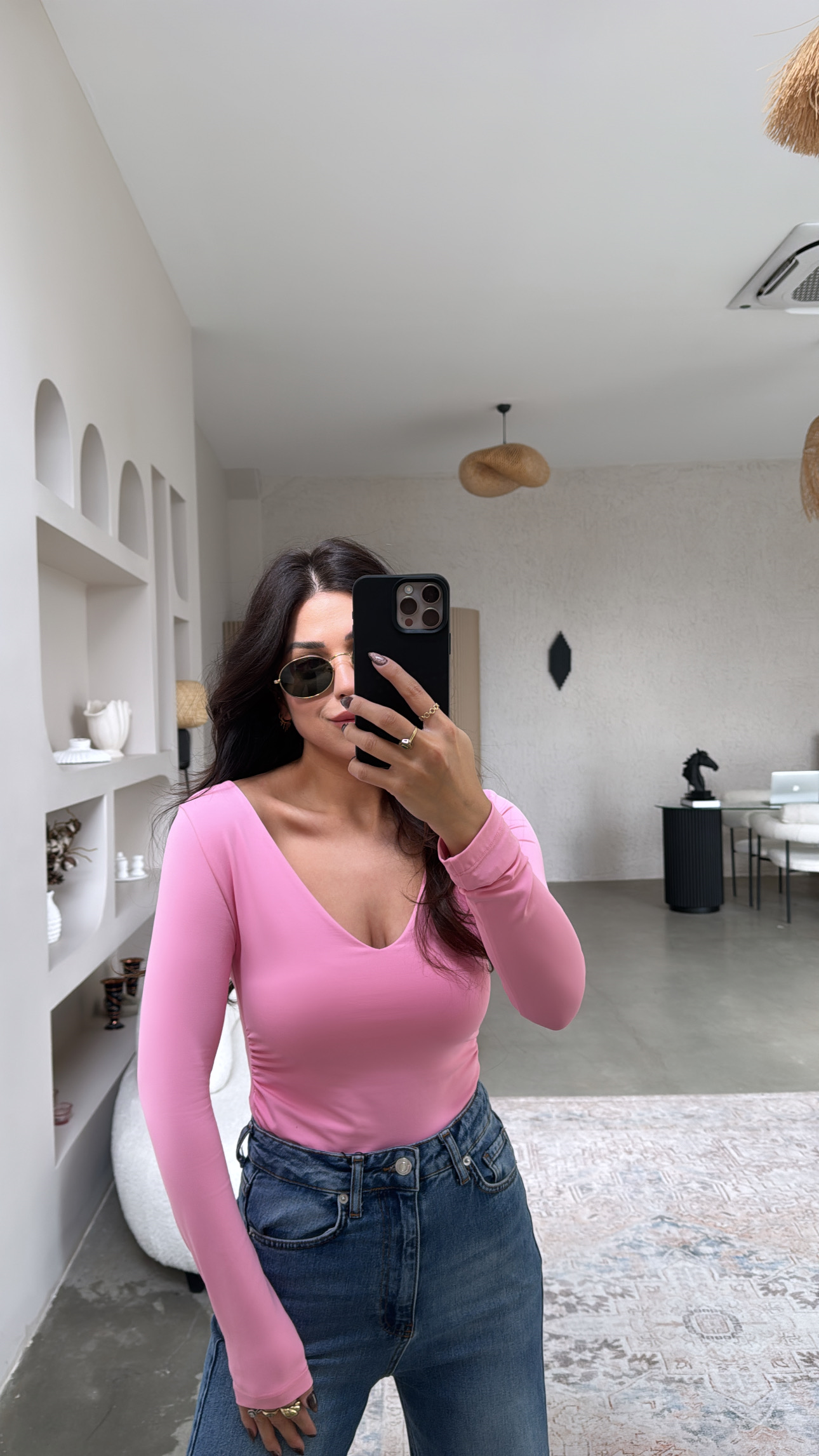 Şeker Pembe V Yaka Polyamid Bodysuit