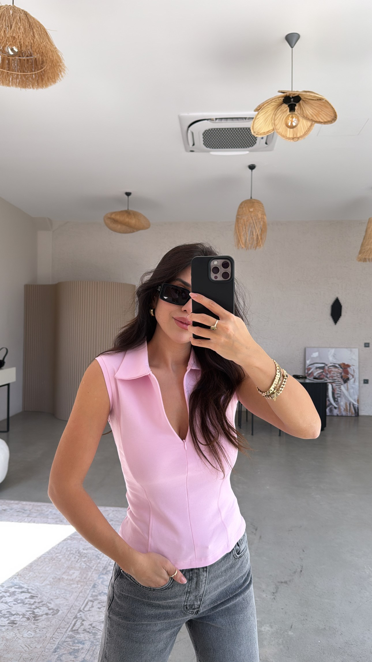 Şeker Pembe Yakalı Fermuarlı Basic