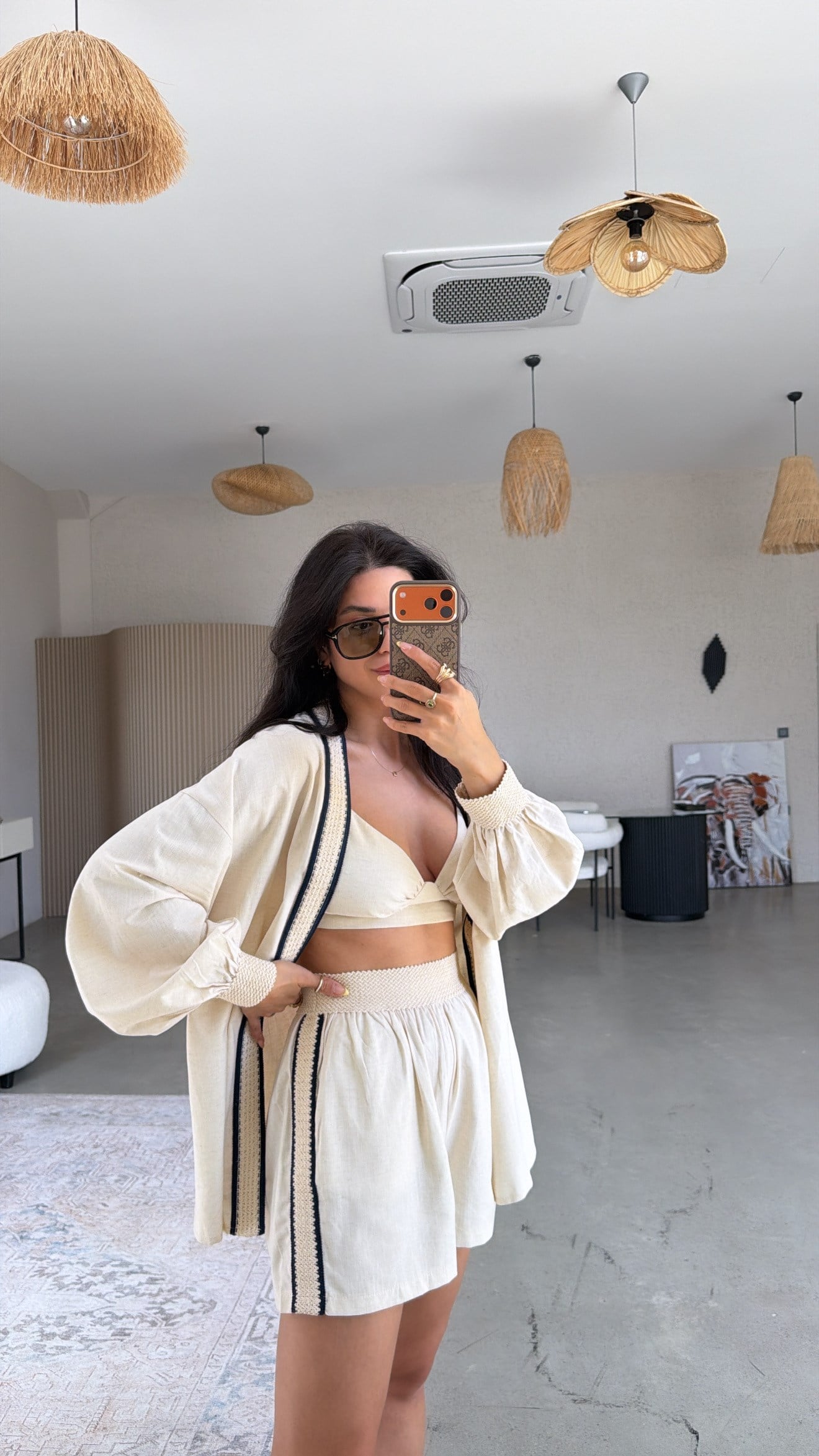 Şerit Detaylı Üçlü Premium Şort Büstiyer Kimono Takım