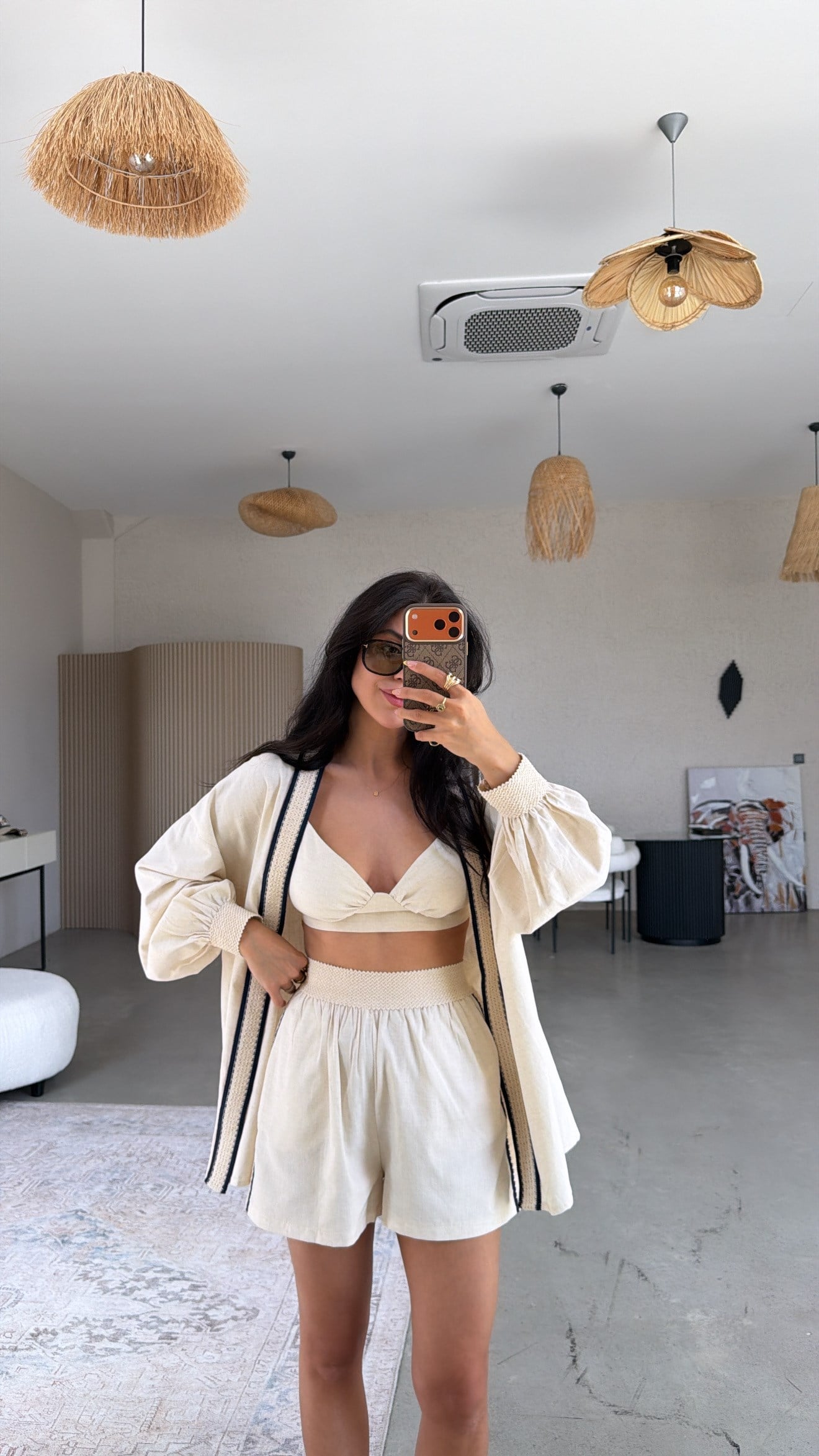 Şerit Detaylı Üçlü Premium Şort Büstiyer Kimono Takım