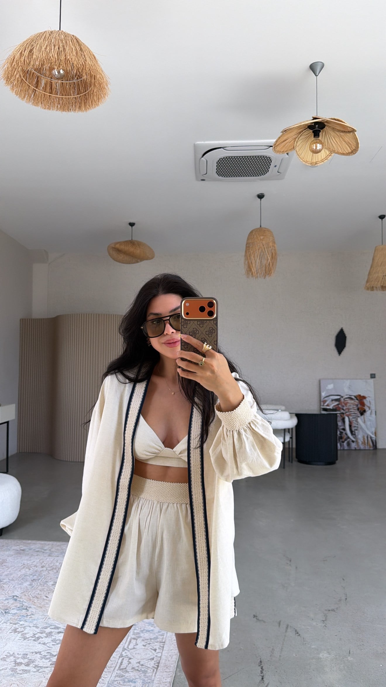 Şerit Detaylı Üçlü Premium Şort Büstiyer Kimono Takım